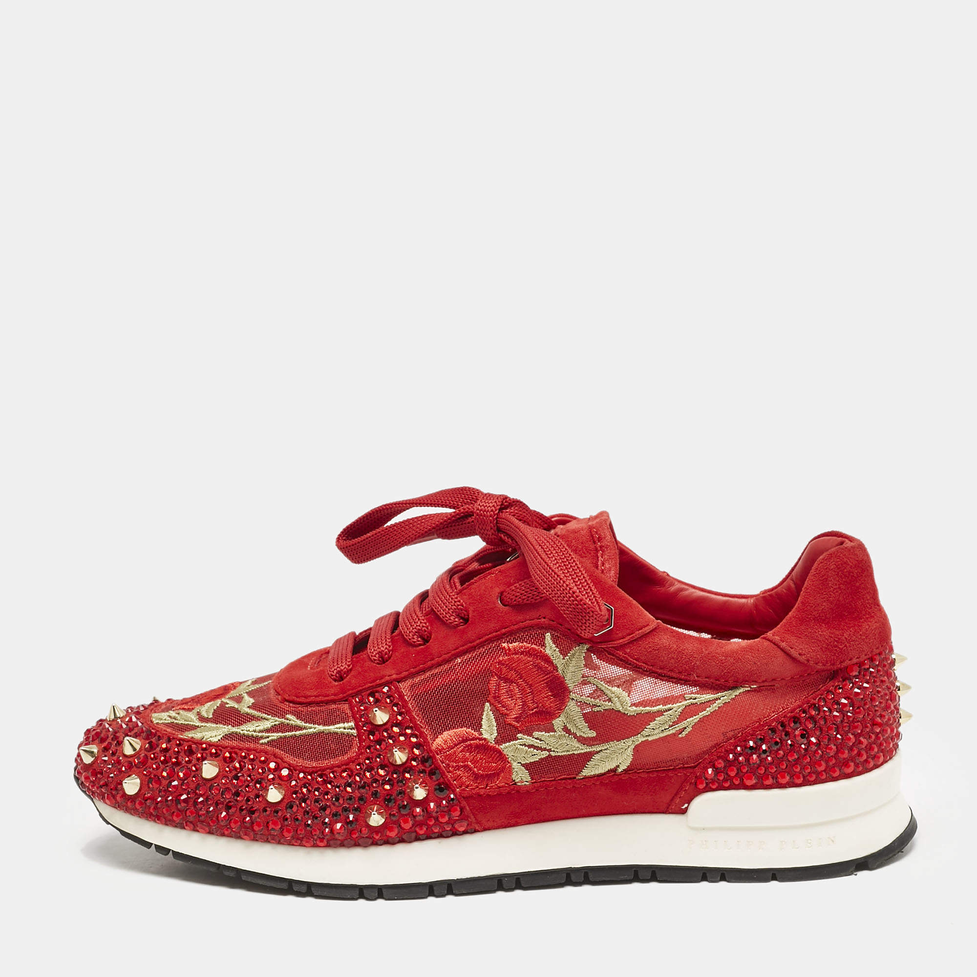 Pre Owned Philipp Plein Red Mesh and Suede Stud Crystal Embellished  Lace Up Sneakers Size 38