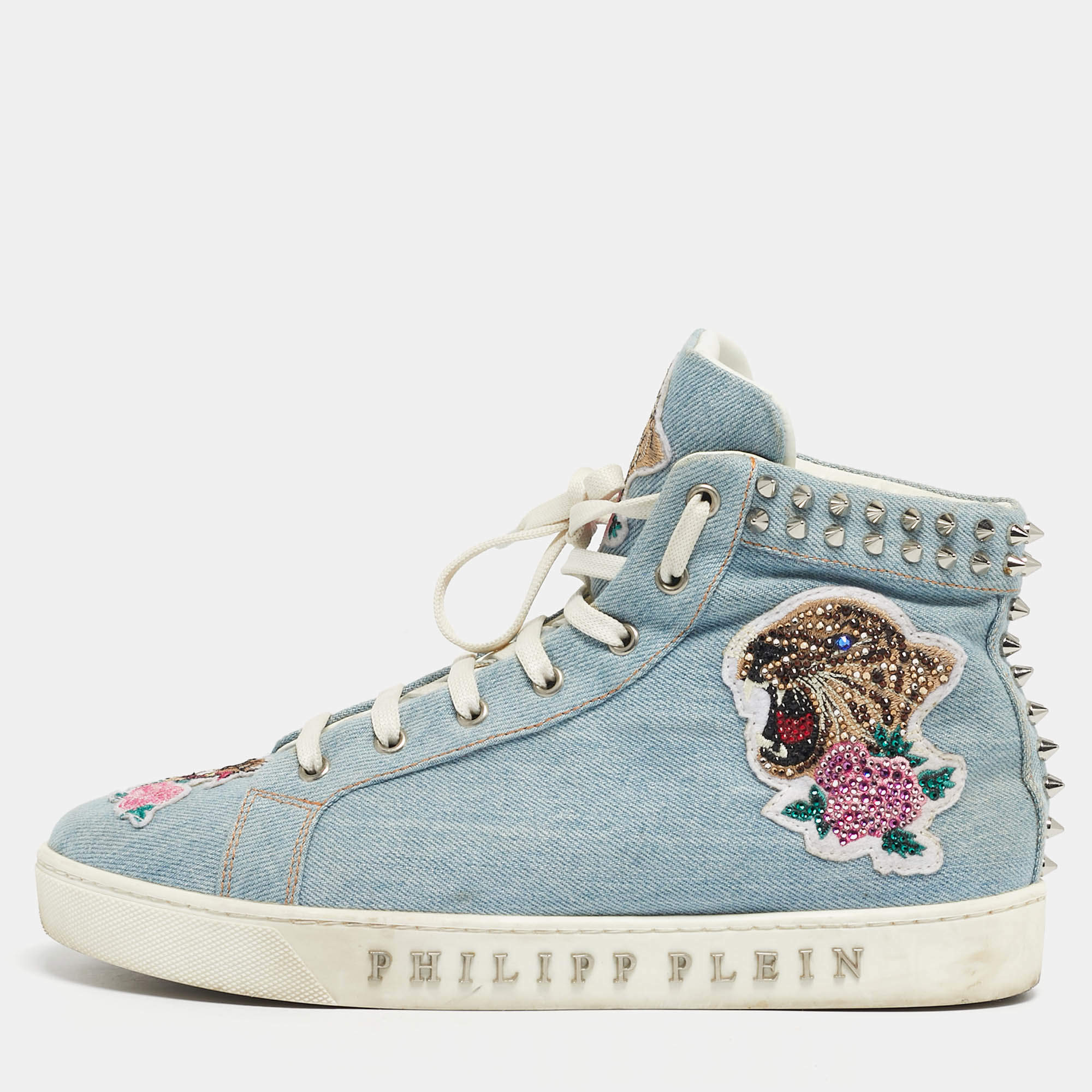 Pre Owned Philipp Plein Blue Denim Studded High Top Sneakers Size 40