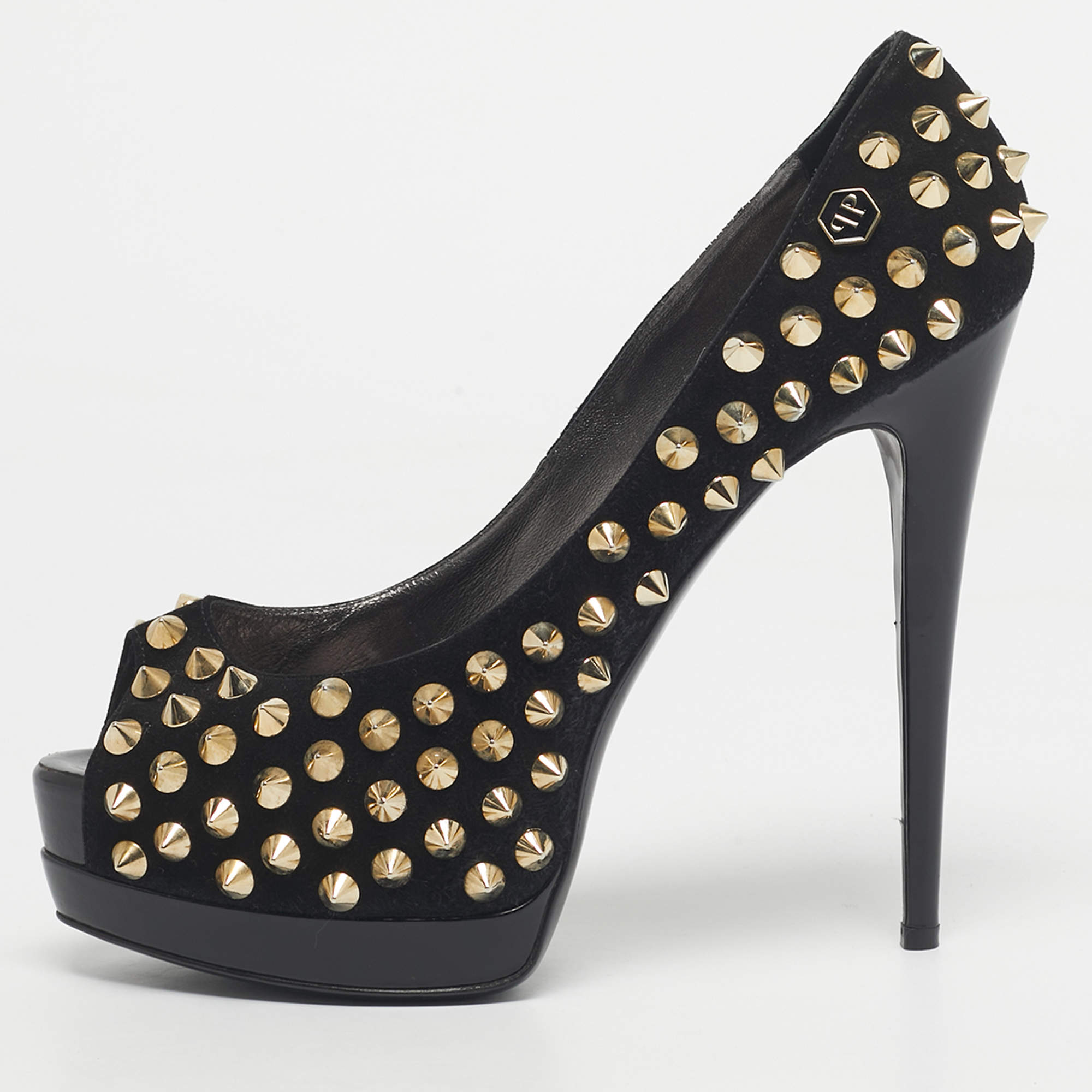 Pre Owned Philipp Plein Black Suede Studded Peep Toe Platform Pumps Size 40