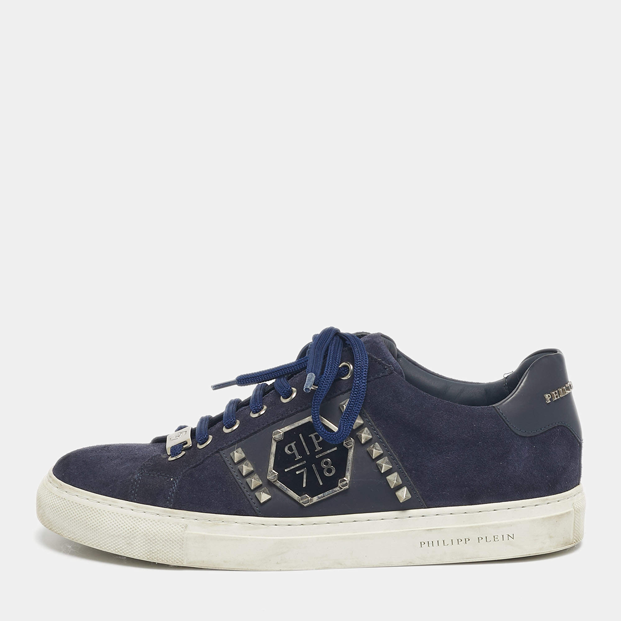 Pre Owned Philipp Plein Navy Blue Leather and Suede Stud Embellished Lace Up Sneakers Size 40