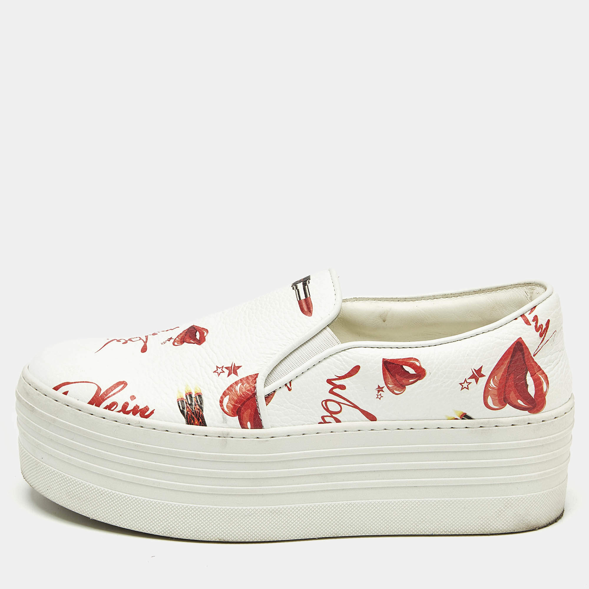 Pre Owned Philipp Plein White Leather Slip On Platform Sneakers Size 37