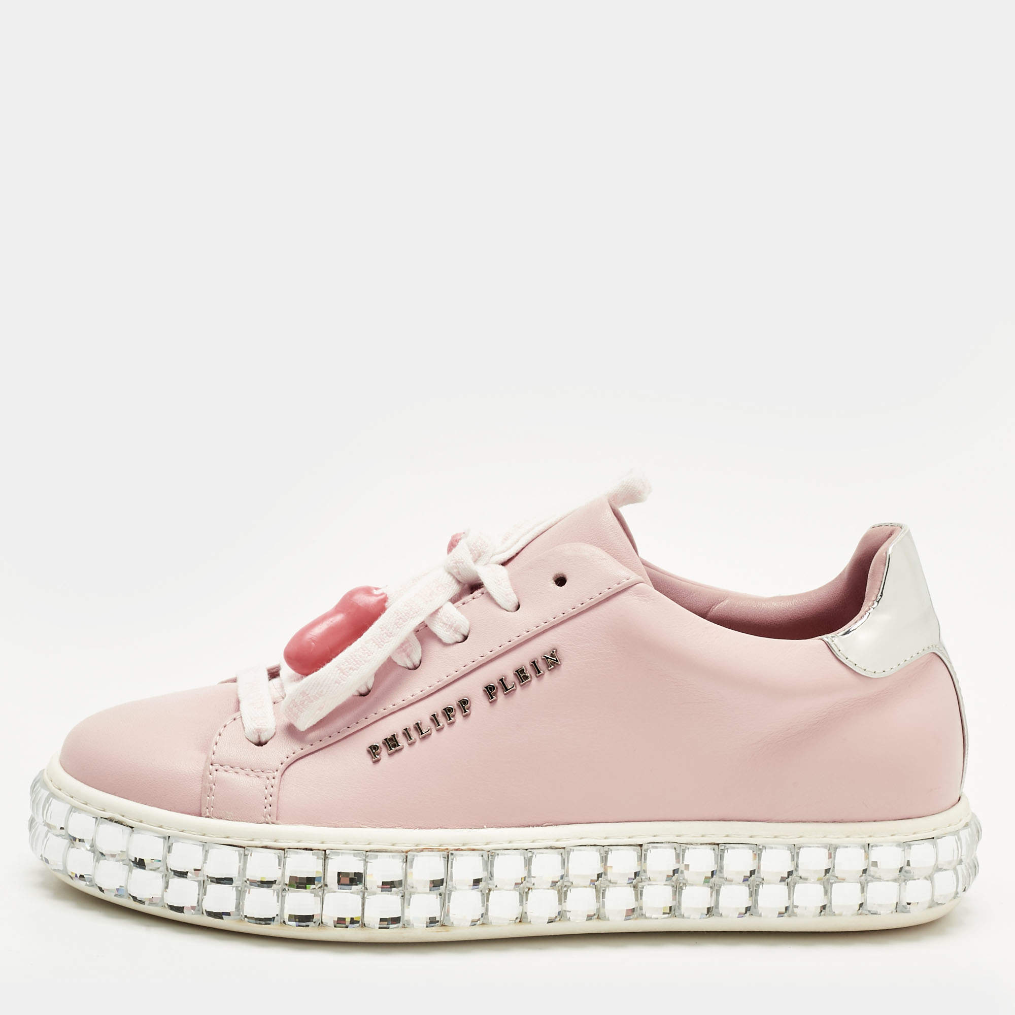 Pre Owned Philipp Plein Pink/Silver Leather and Patent Leather Crystal Platform Lace Up Sneakers Size 36