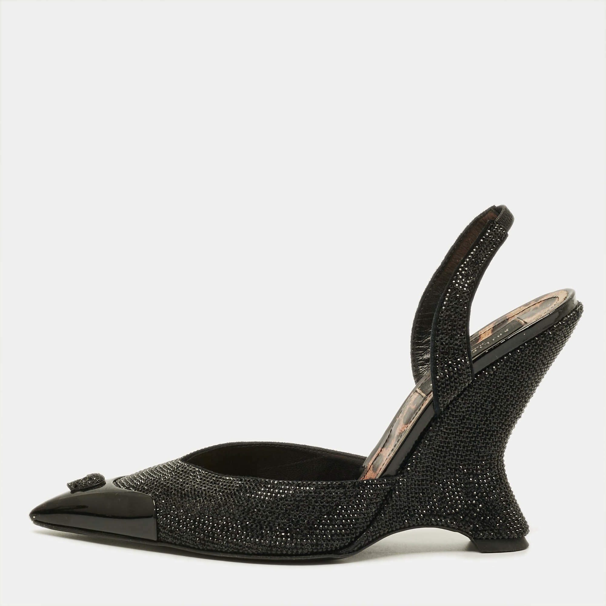 Pre Owned Philipp Plein Decollete Size 39 Black Crystals Suede Wedged Slingback Pumps