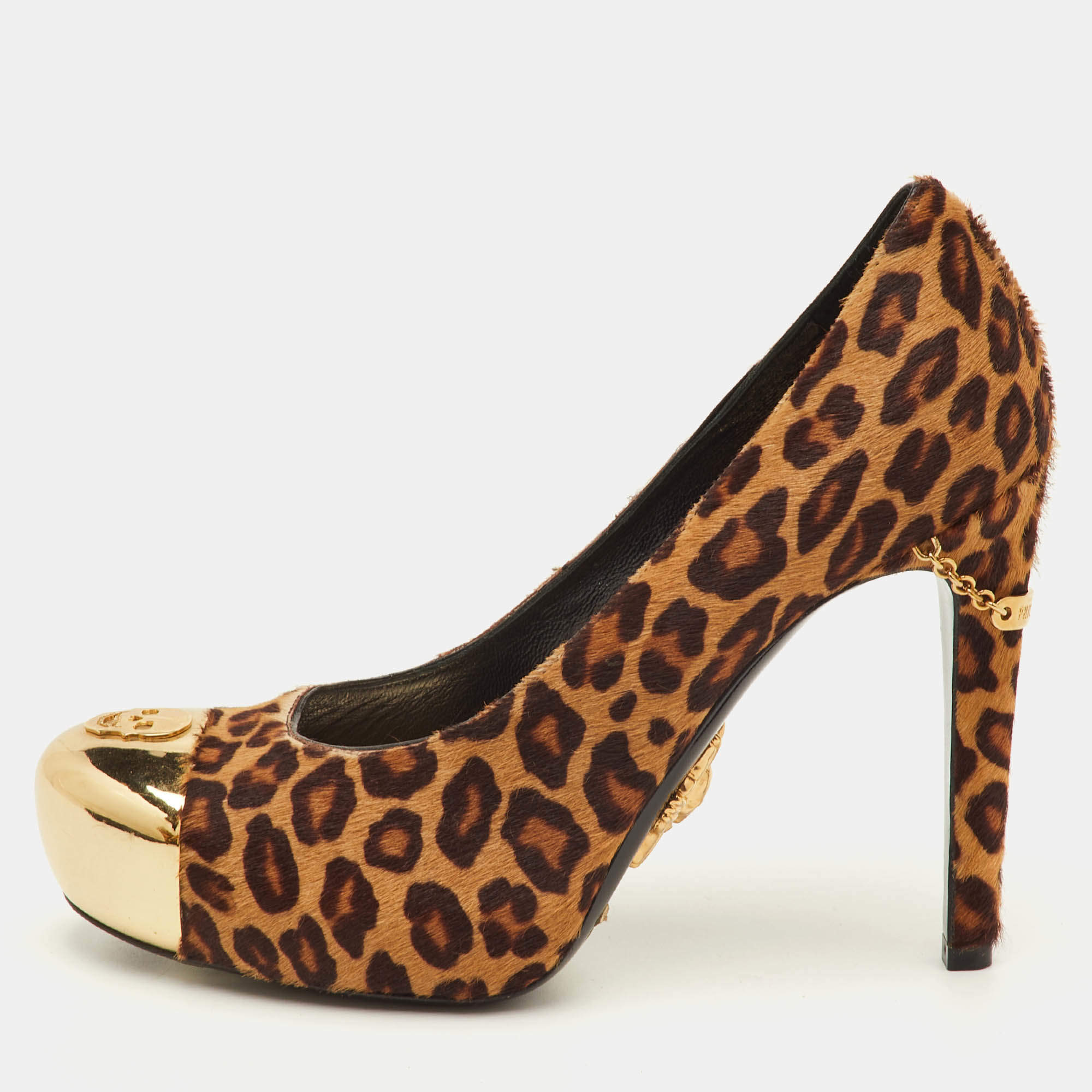 Pre Owned Philipp Plein Size 37 Brown Leopard Print Calf Hair Skull Metal Cap Toe Platform Pumps