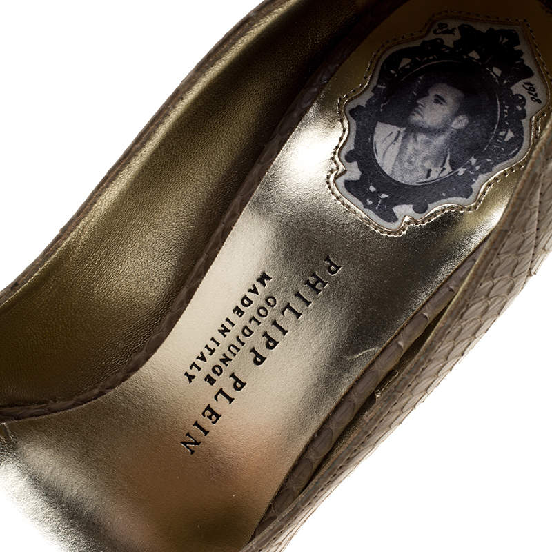 Pre Owned Philipp Plein Beige Snakeskin Peep Toe Platform Pumps Size 36