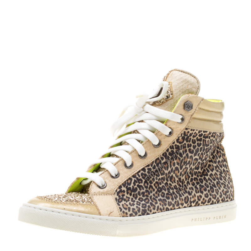 Philipp Plein Leopard Print Suede And Python Leather Jungle Glitter High Top Sneakers Size 38.5