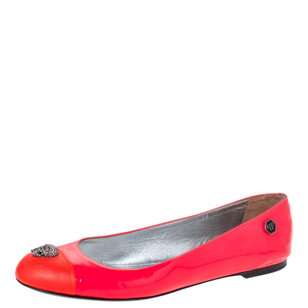 Pre Owned Philipp Plein Neon Pink Patent Leather Embellished Skull Cap Toe Ballet Flats Size 37.5