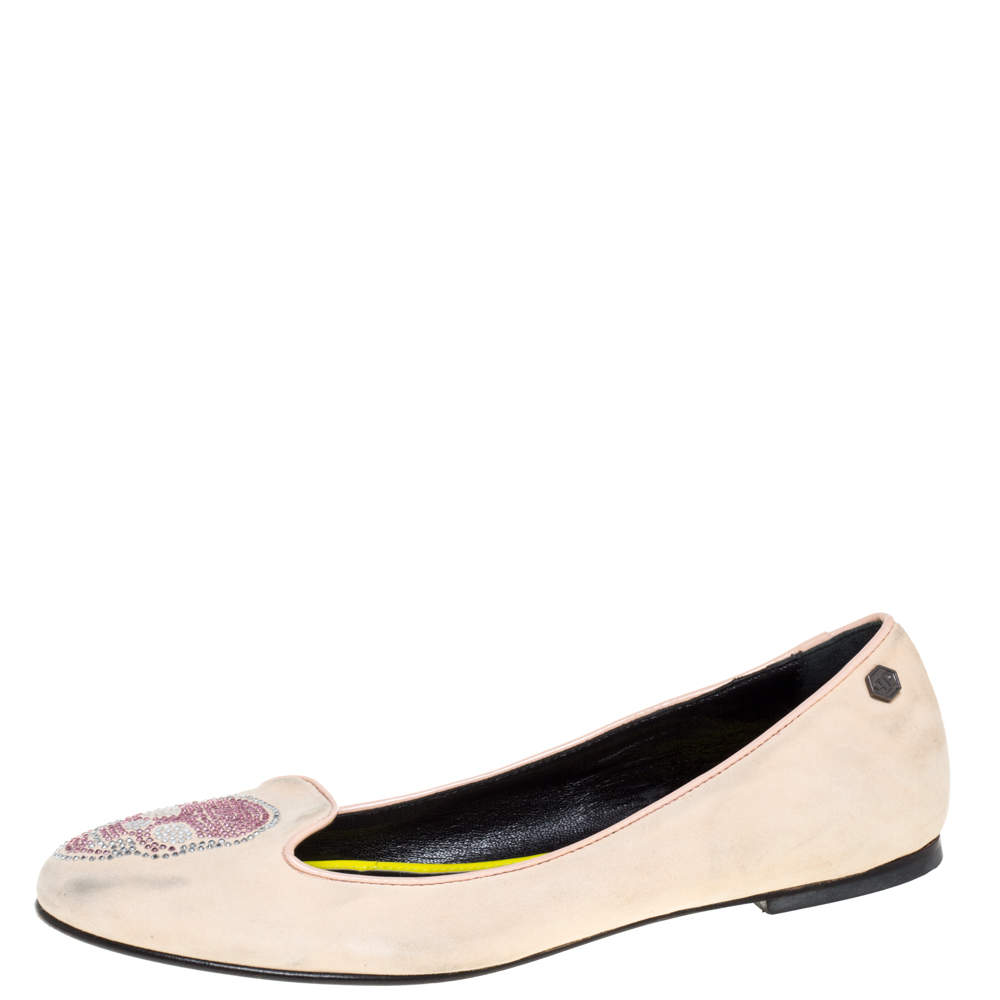 Pre Owned Philipp Plein Beige Suede Diamante Skull Flats Size 40.5