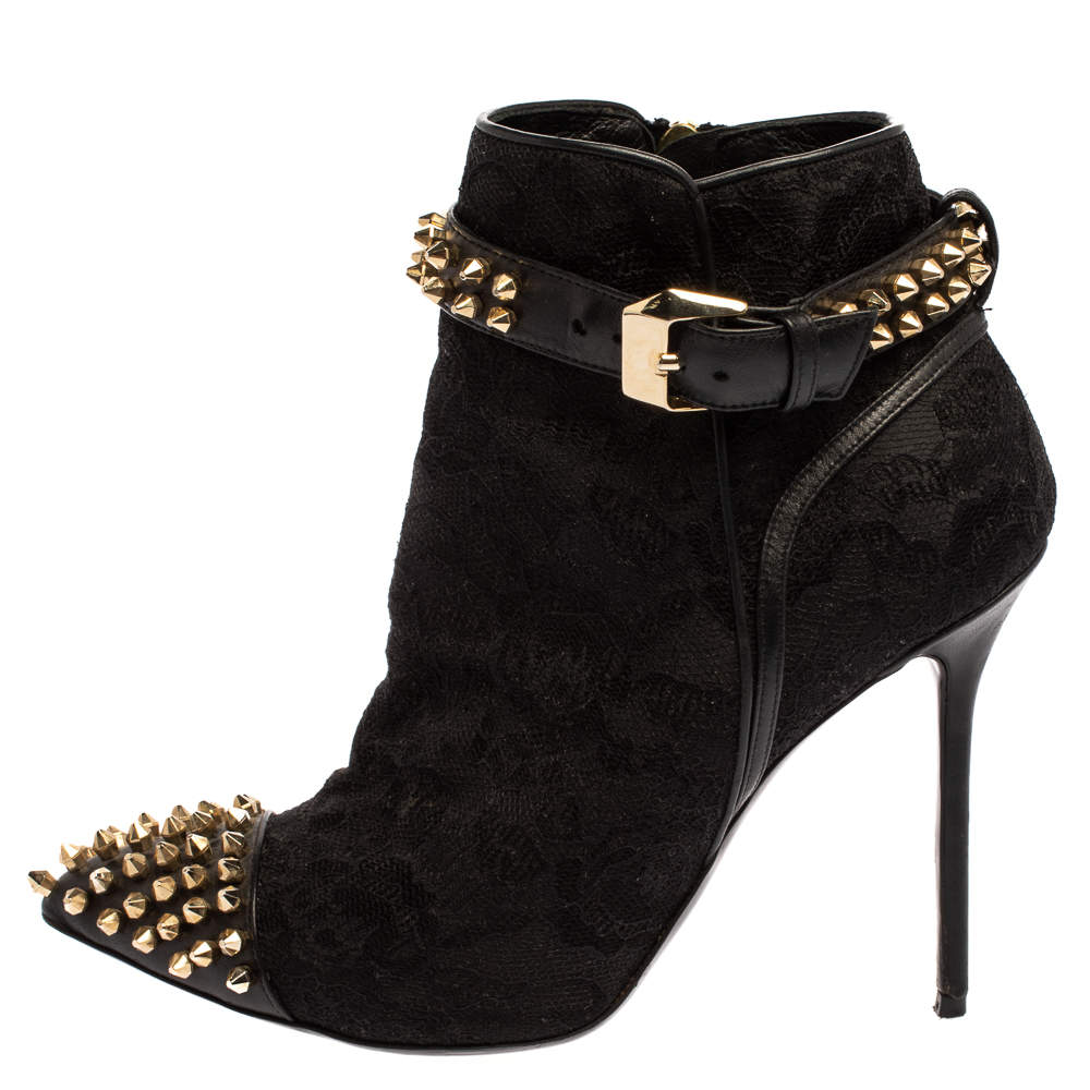 Pre Owned Phillip Plein Black Lace And Leather Studded Cap Toe Ankle Booties Size 37