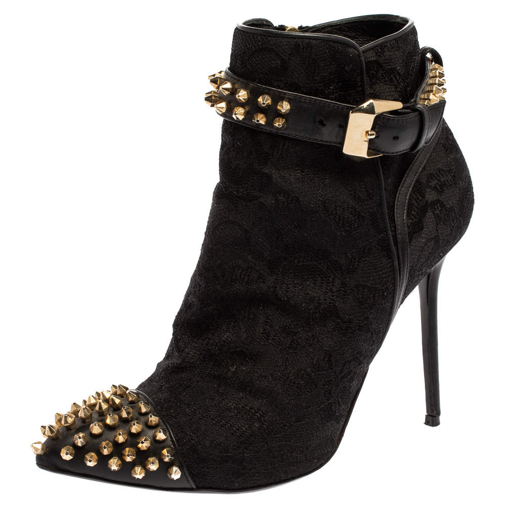 Pre Owned Phillip Plein Black Lace And Leather Studded Cap Toe Ankle Booties Size 37