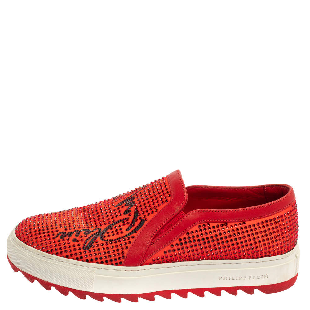 Pre Owned Philipp Plein Red Satin And Leather Trims Crystal Embellished Slip On Sneakers Size 39