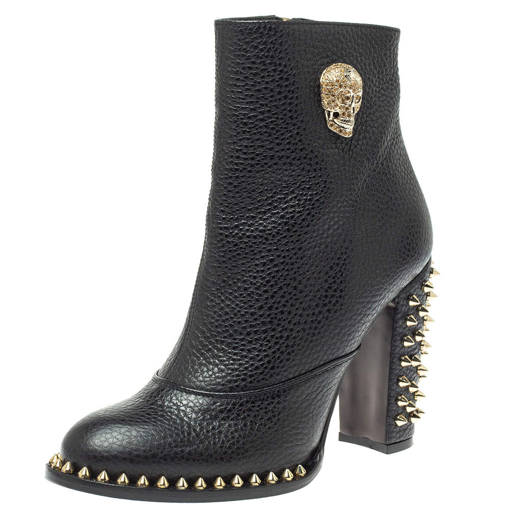 Pre Owned Philipp Plein Black Leather Skull Embellished/Studded Ankle Boots Size 39
