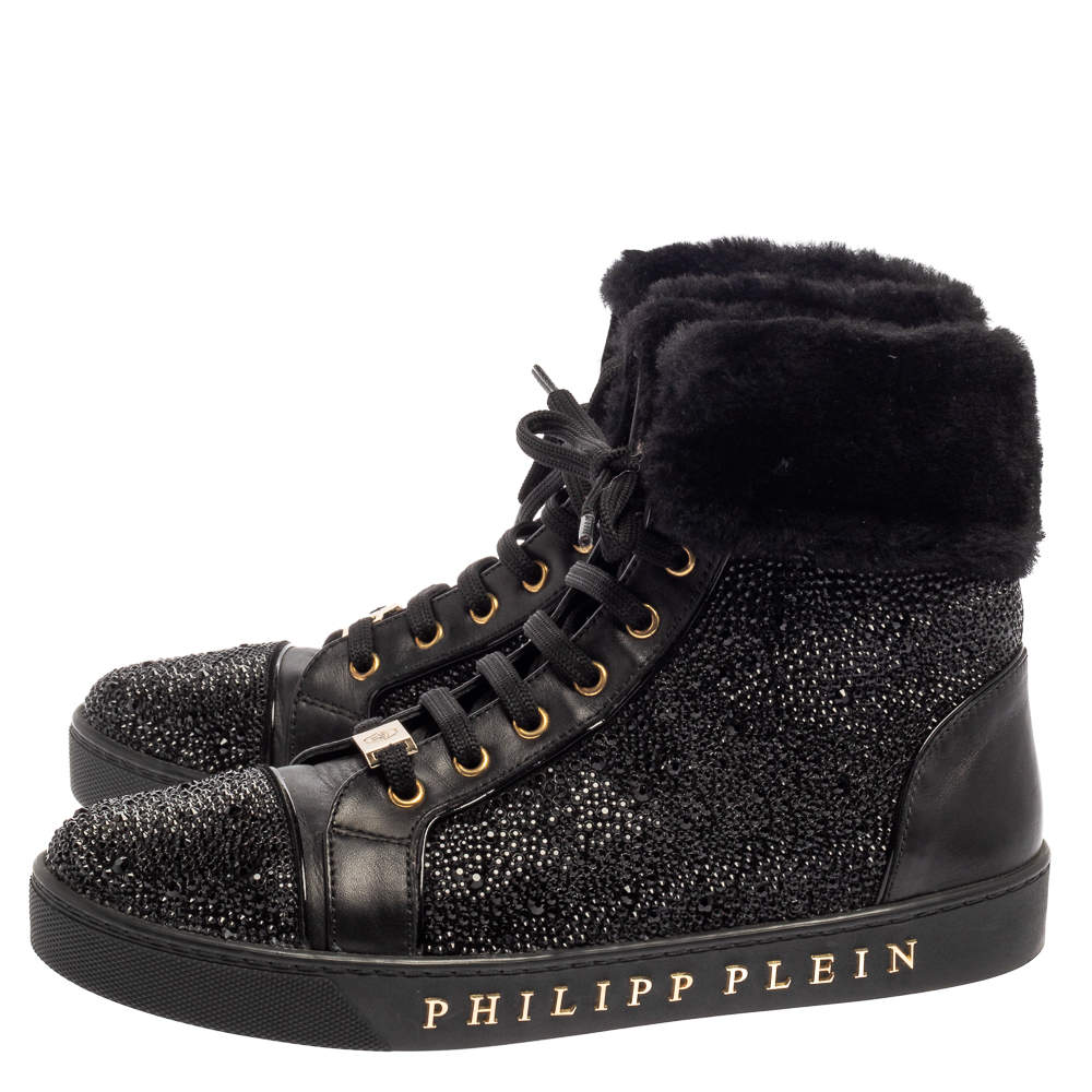 Philipp Plein Black Leather And Suede Crystal Embellished Fur Trim