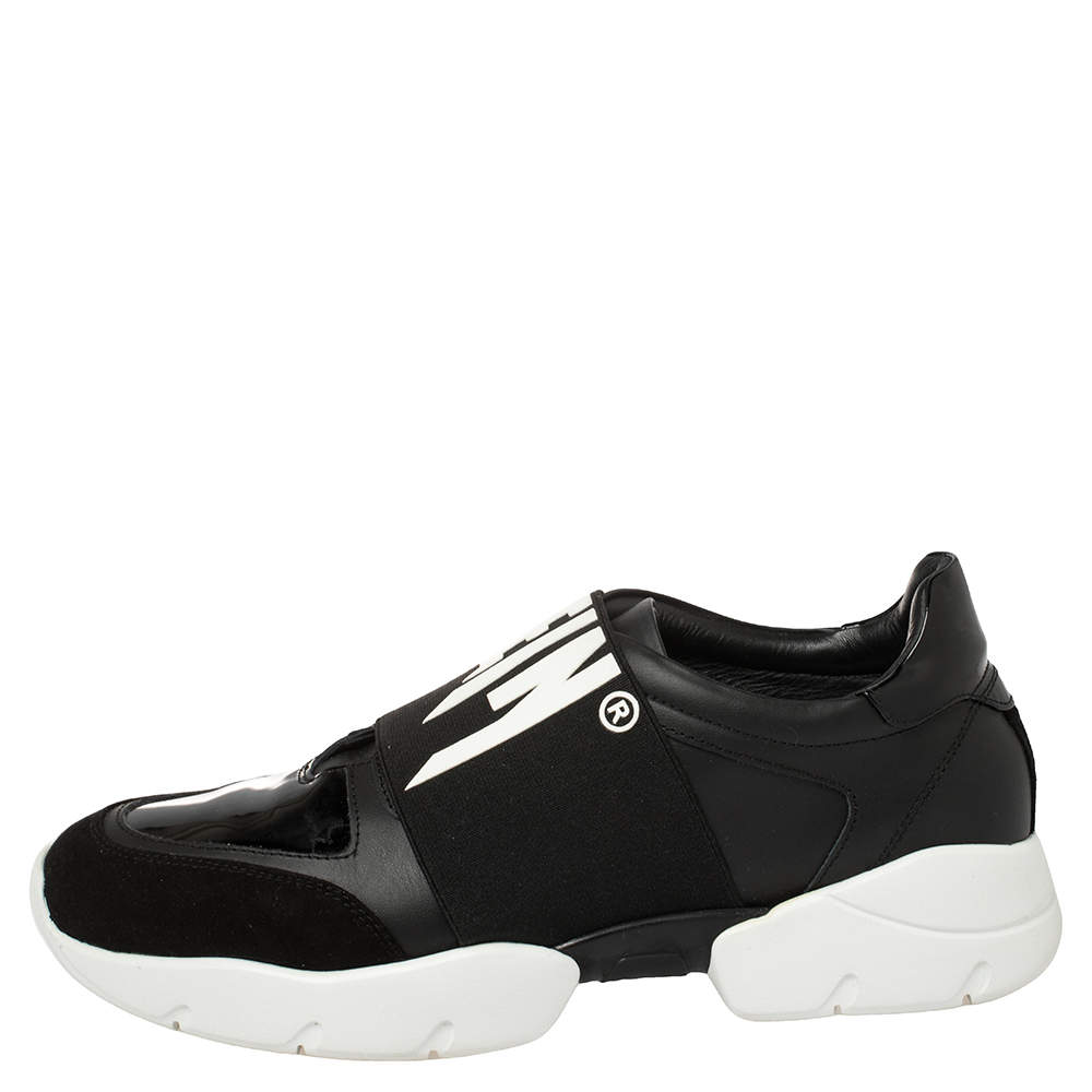 Pre Owned Philipp Plein Black Leather and Suede Logo Strap Slip On Sneakers Size 39