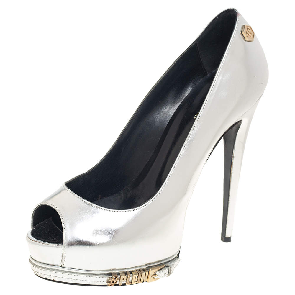 Pre Owned Phillip Plein Silver Leather Peep Toe Buckle Detail Platform Pumps Size 38