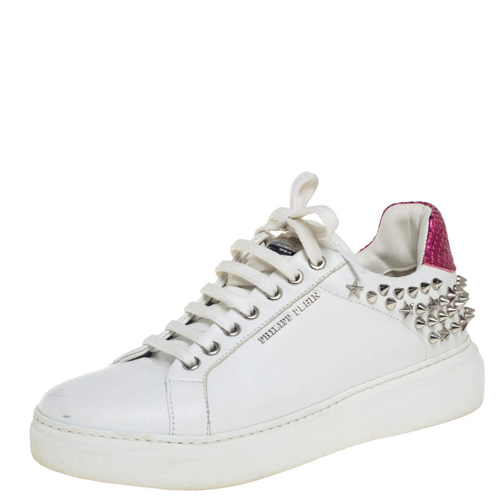 Pre Owned Phillip Plein White/Pink Leather Studded So Cute Sneakers Size 37