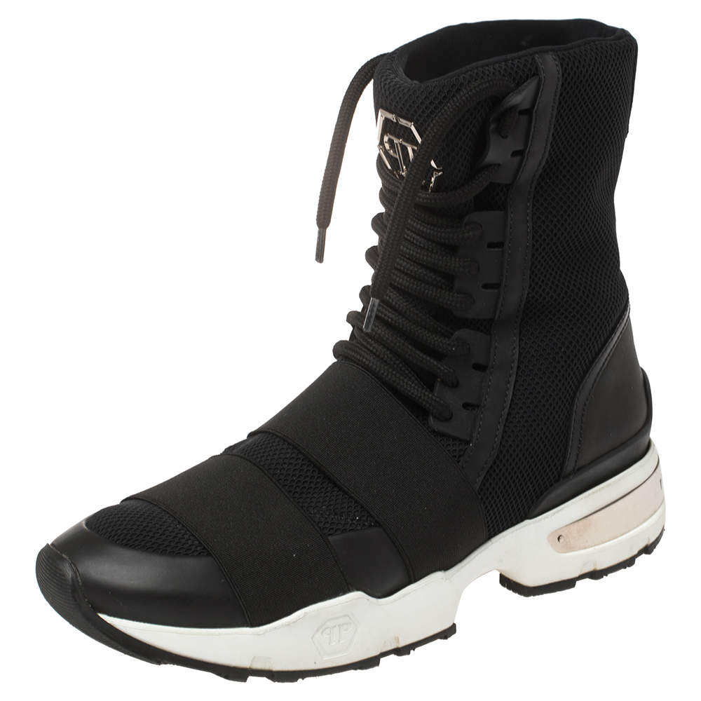 Pre Owned Philipp Plein Black Elastic And Mesh Slip On High Top Sneakers Size 39