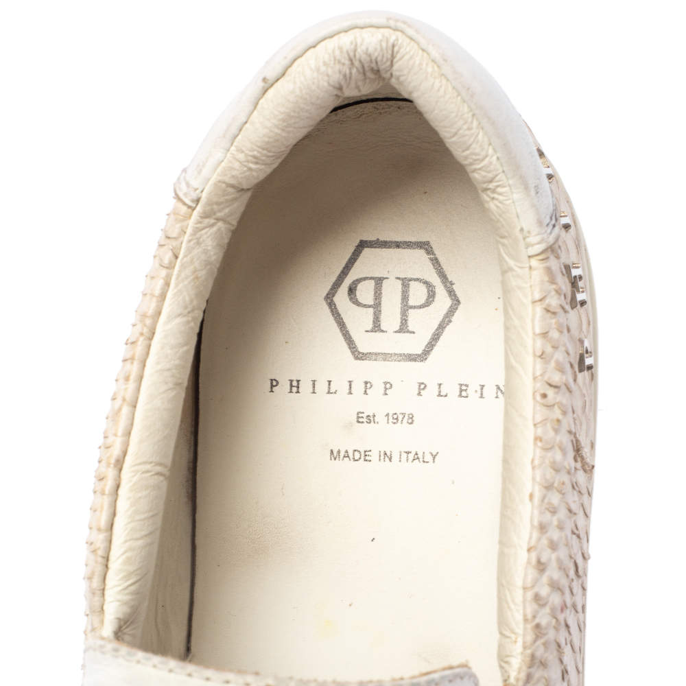 Philipp Plein Cream Python Embossed Leather Spike Slip On Sneakers Size  42.5 Philipp Plein
