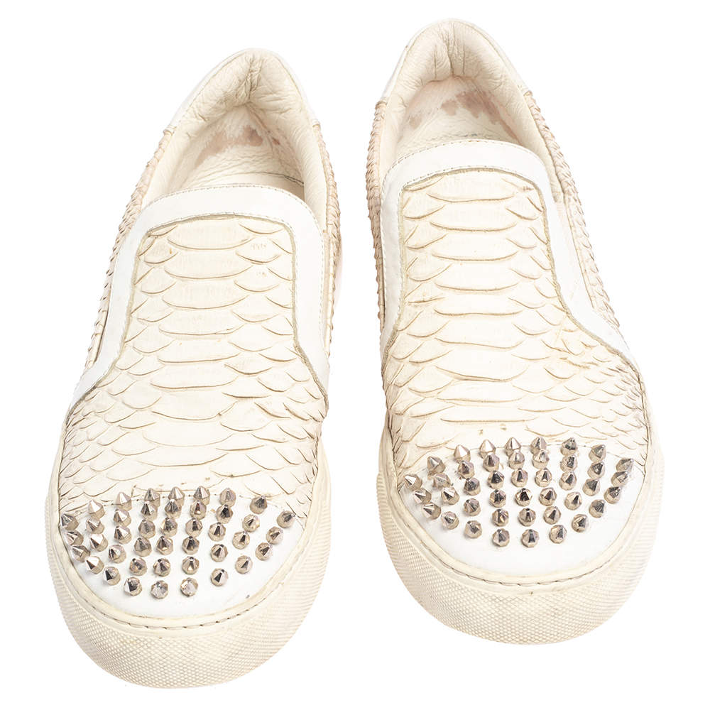 Philipp Plein Cream Python Embossed Leather Spike Slip On Sneakers Size  42.5 Philipp Plein