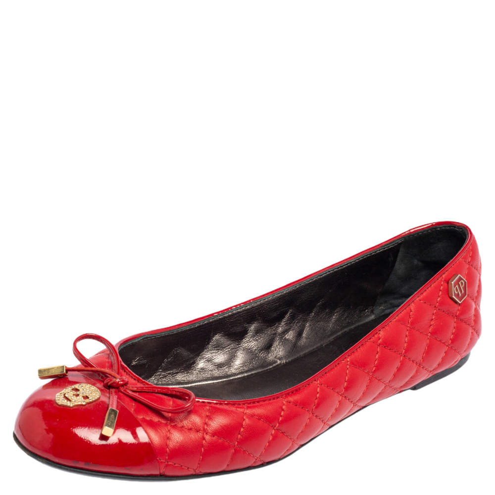 Pre Owned Philipp Plein Red Quilted Leather Bow Ballet Flats Size 38
