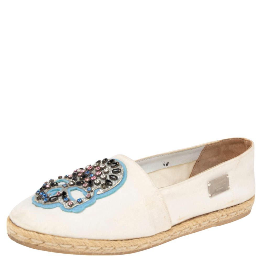 Pre Owned Philipp Plein Cream Canvas Crystal Embellished Skull Espadrille Flats Size 38