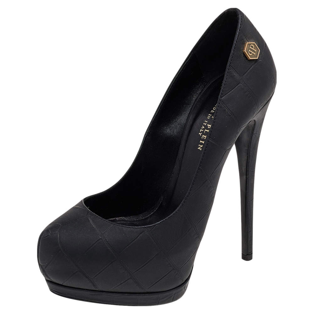 Pre Owned Philip Plein Black Leather Platform Pumps Size 36