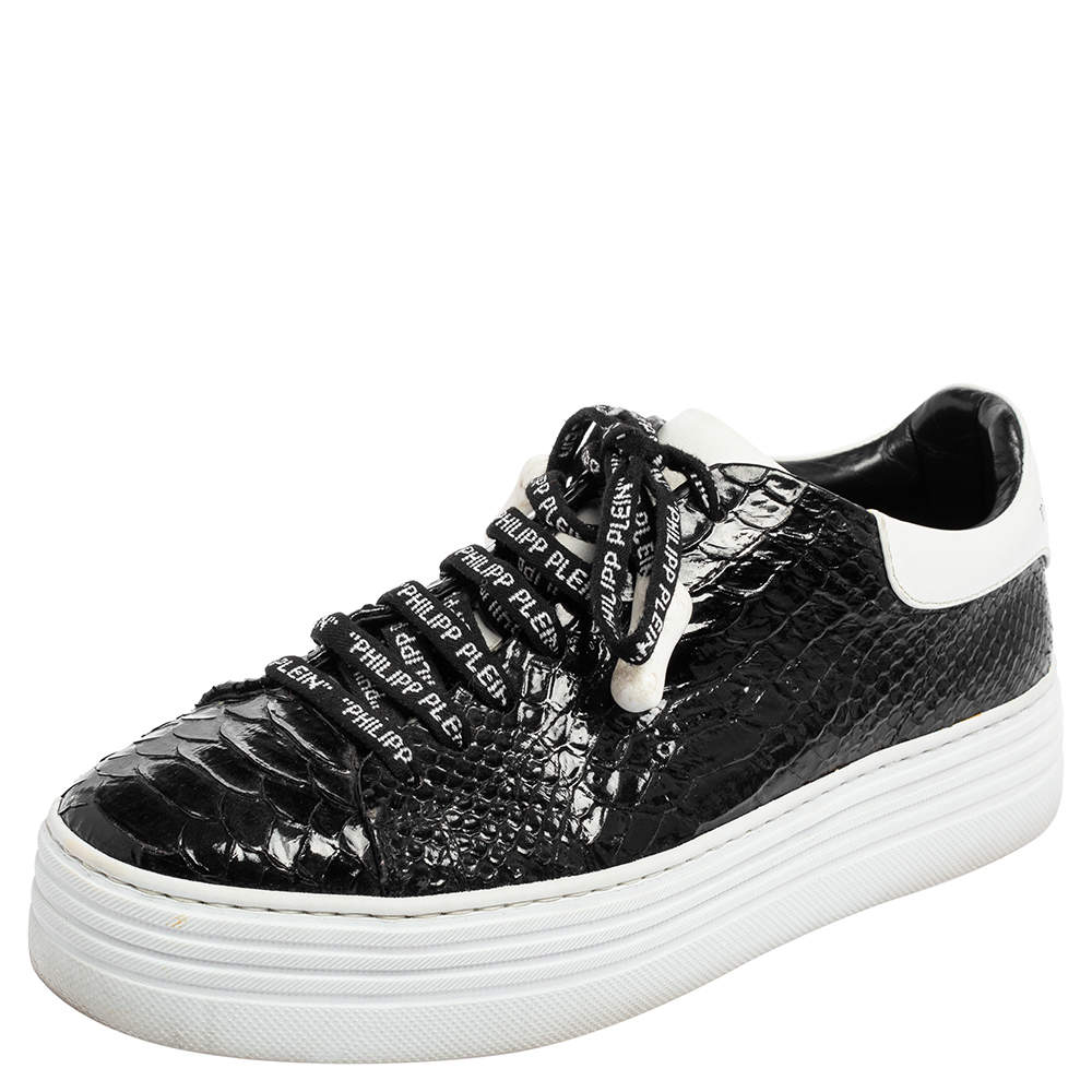 Pre Owned Phillip Plein Black/White Python Embossed Leather Sneakers Size 39