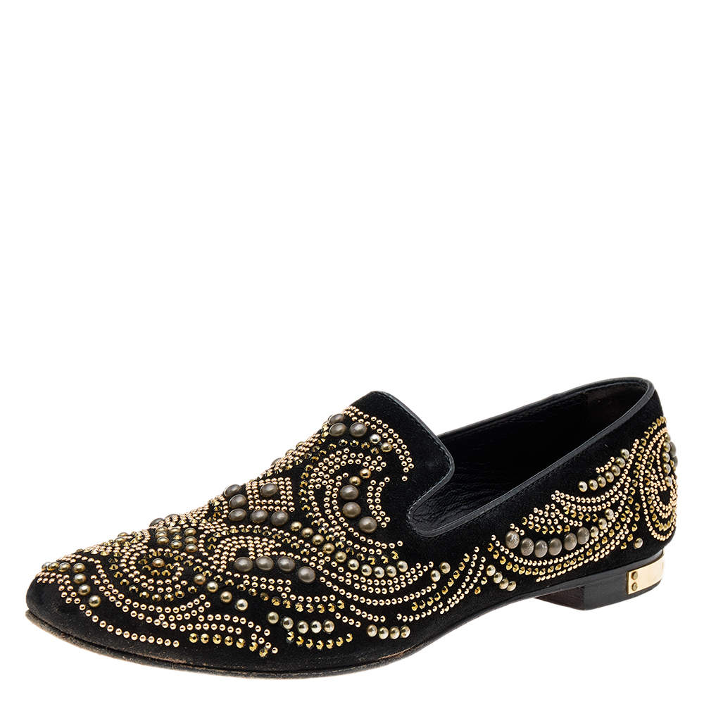 Philipp Plein Black Suede Embellished Smoking Loafers Size 37