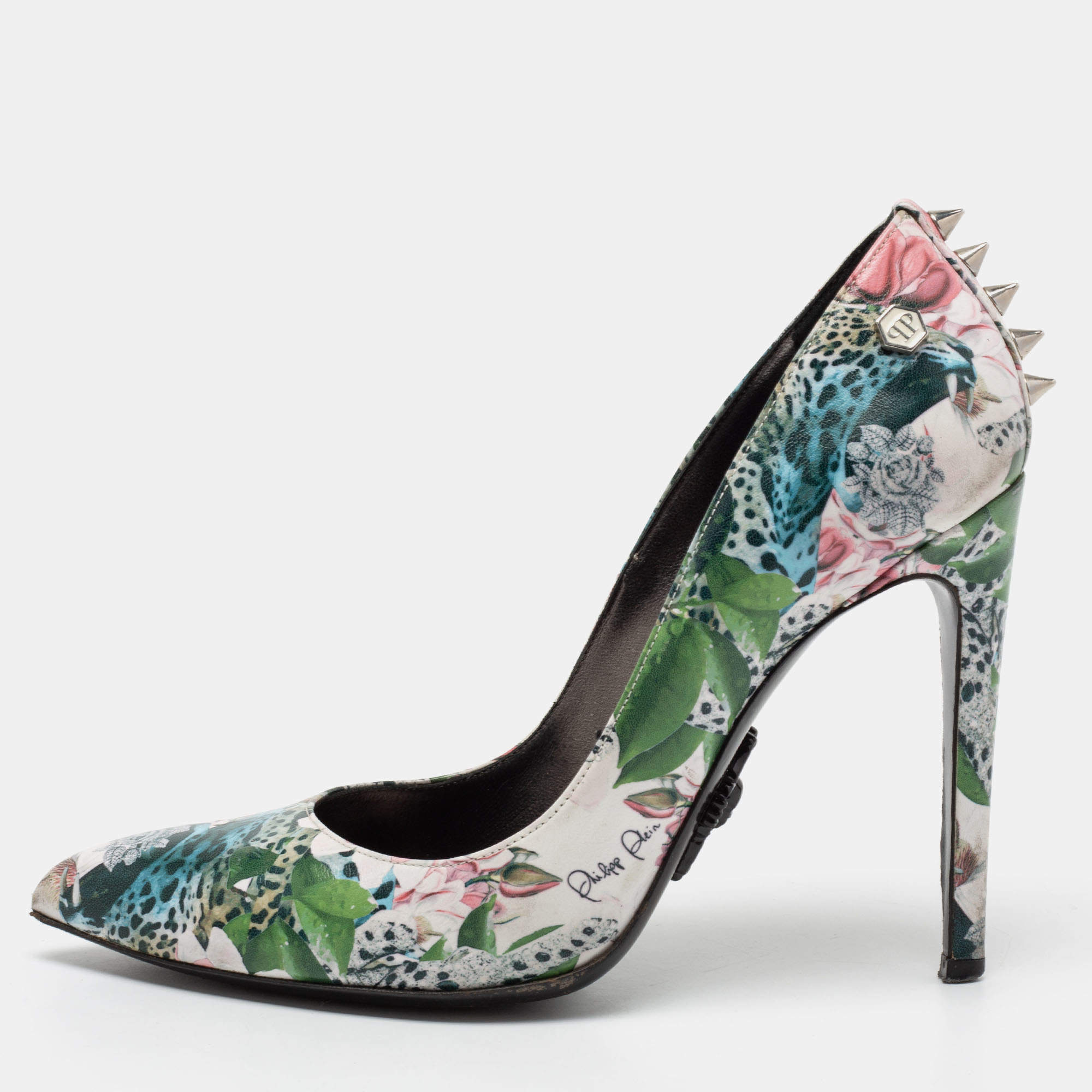 Pre Owned Philipp Plein Multicolour Printed Leather Spike Pumps Size 37.5