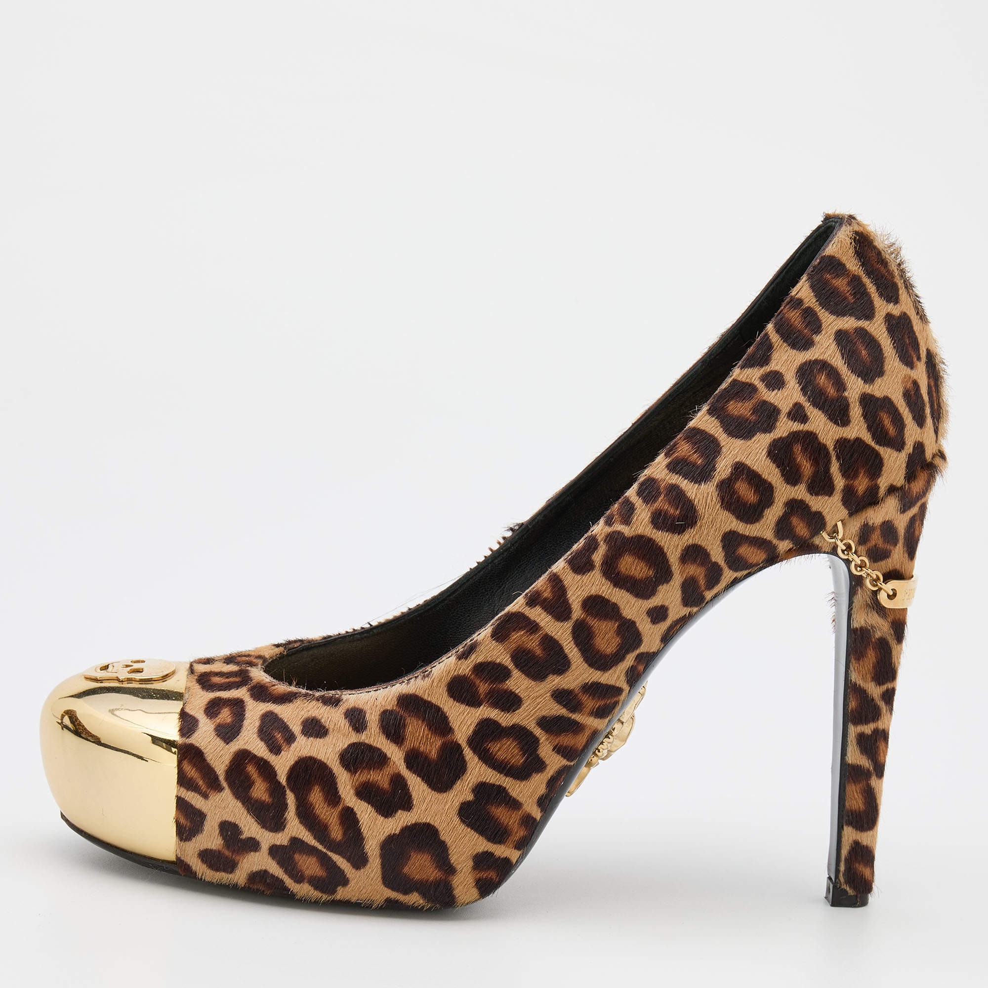 Pre Owned Philipp Plein Beige/Brown Leopard Print Calf Hair Metal Cap Toe Platform Pumps Size 38