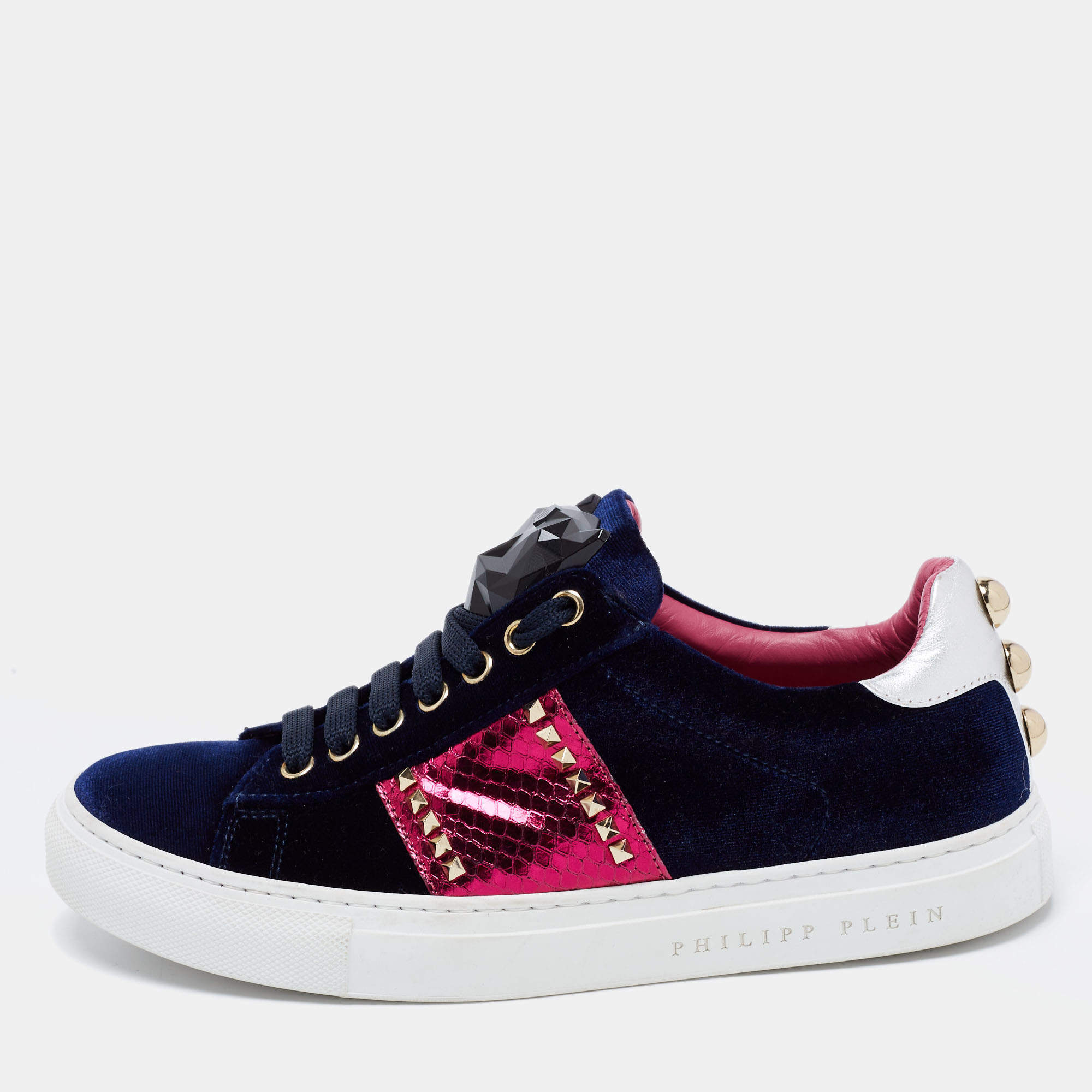 Pre Owned Philipp Plein Navy Blue Velvet And Leather Studded Low Top  Sneakers Size 38