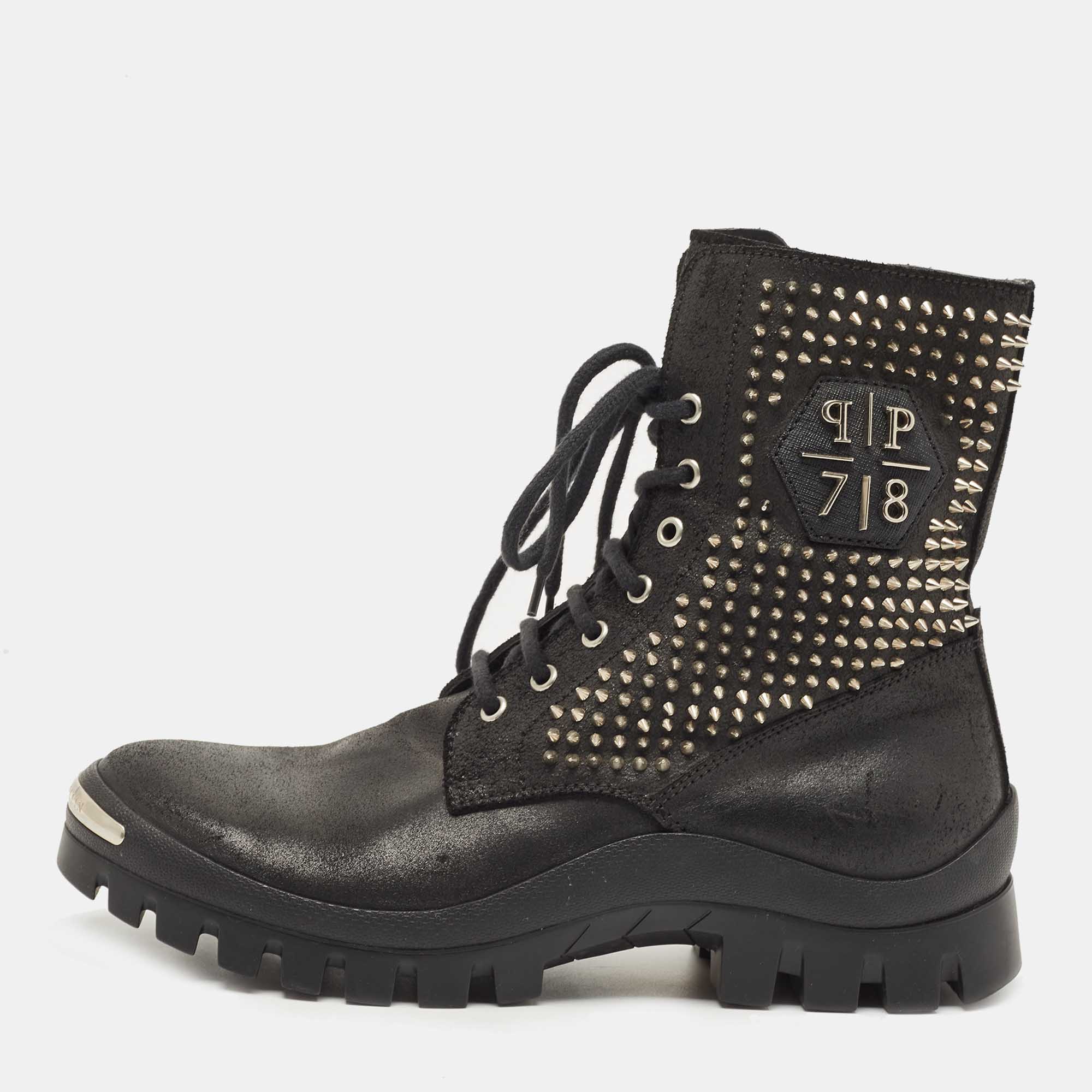 Pre Owned Philipp Plein Black Leather Studded Lace Up Ankle Boots Size 42