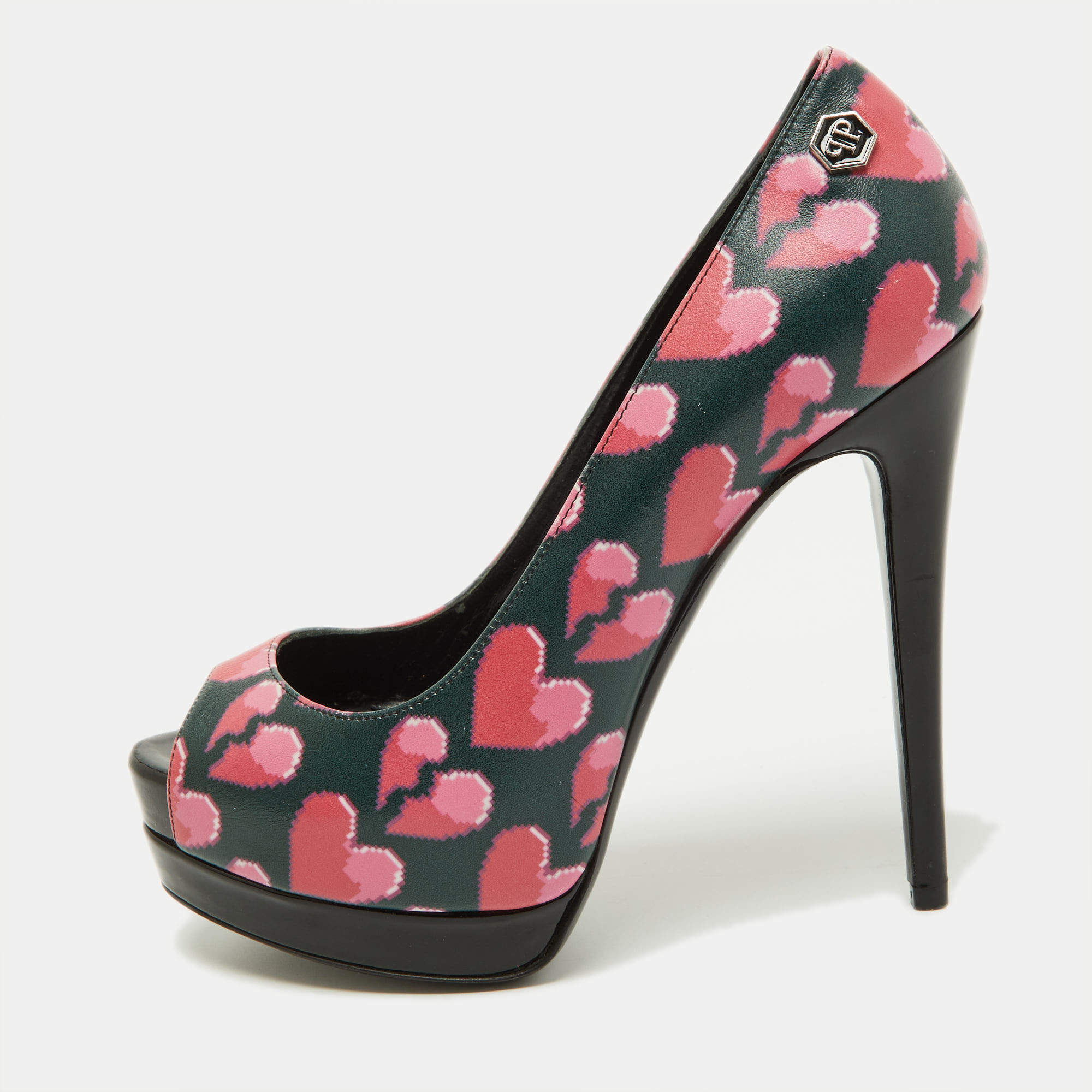 Pre Owned Philipp Plein Pink/Black Leather Provocateur Peep Toe Platform Pumps Size36.5