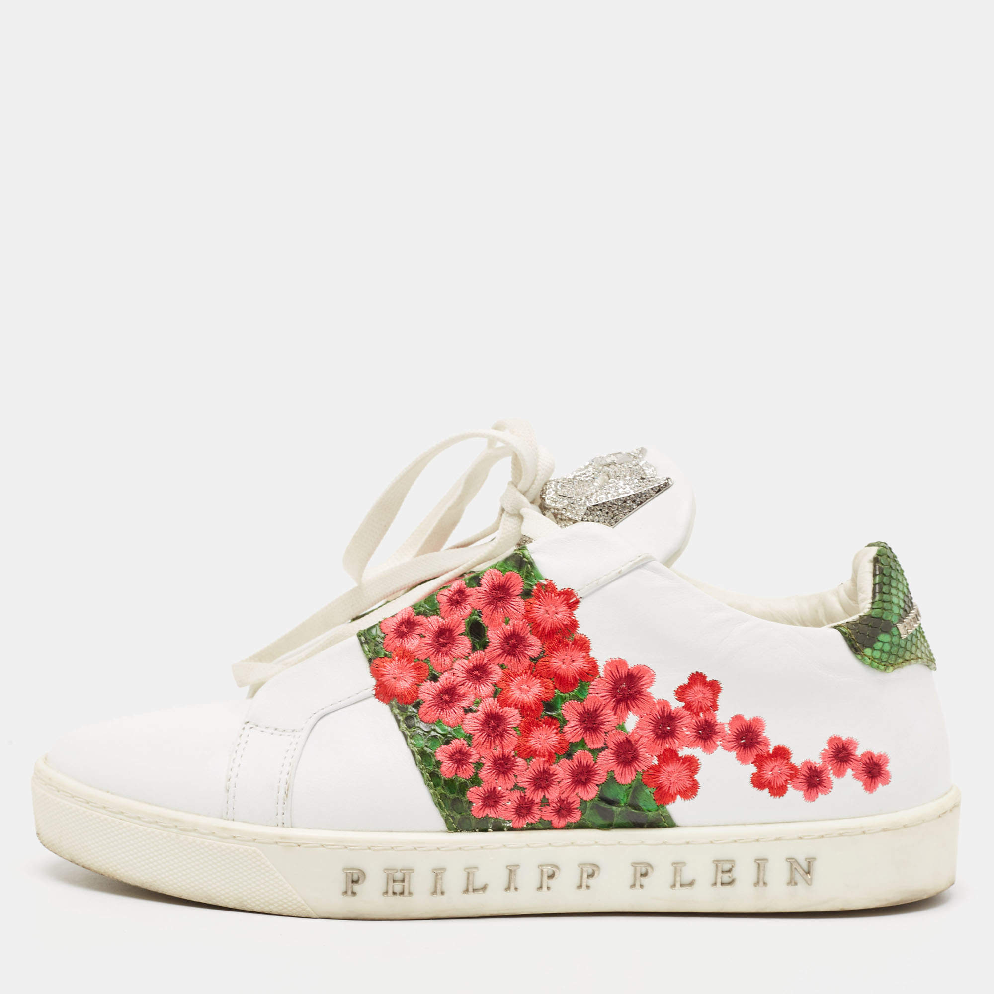 Philipp Plein White Leather Floral Embroidered 'I Wonder' Sneakers Size 39