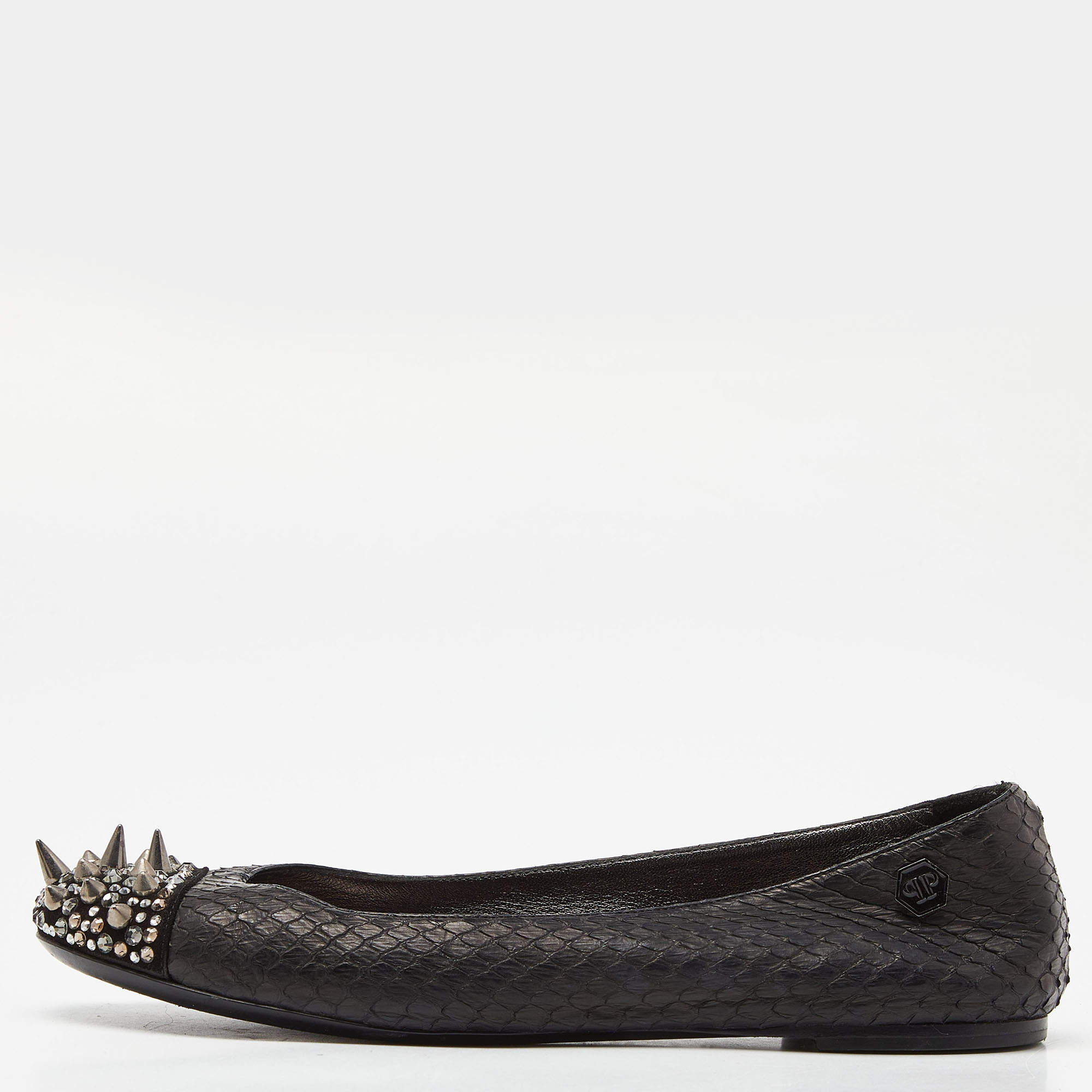 Pre Owned Philipp Plein Black Watersnake Leather Spike Ballet Flats Size 37