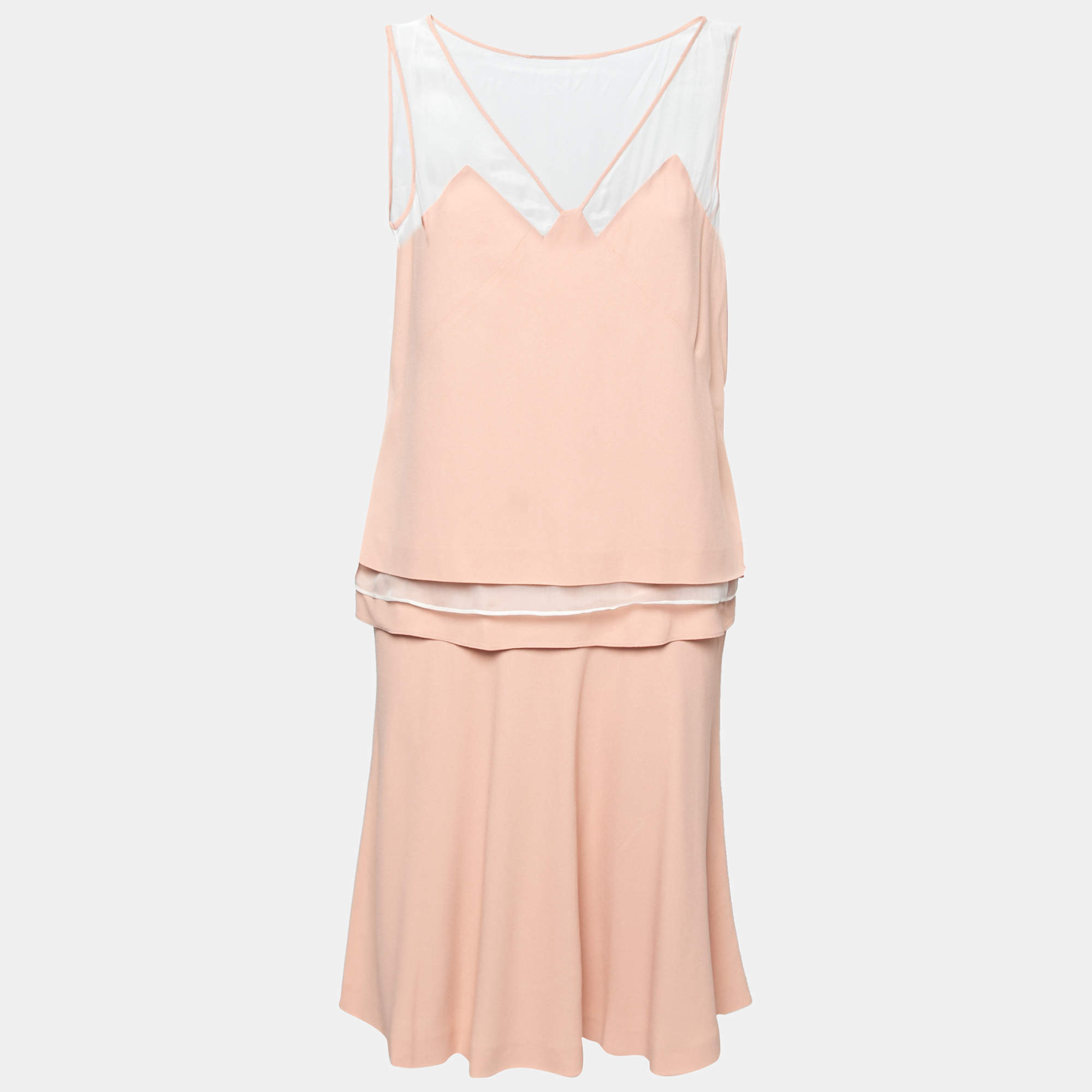 Philosophy Coral Pink Crepe Sheer Yoke Detail Tiered Sleeveless Dress M