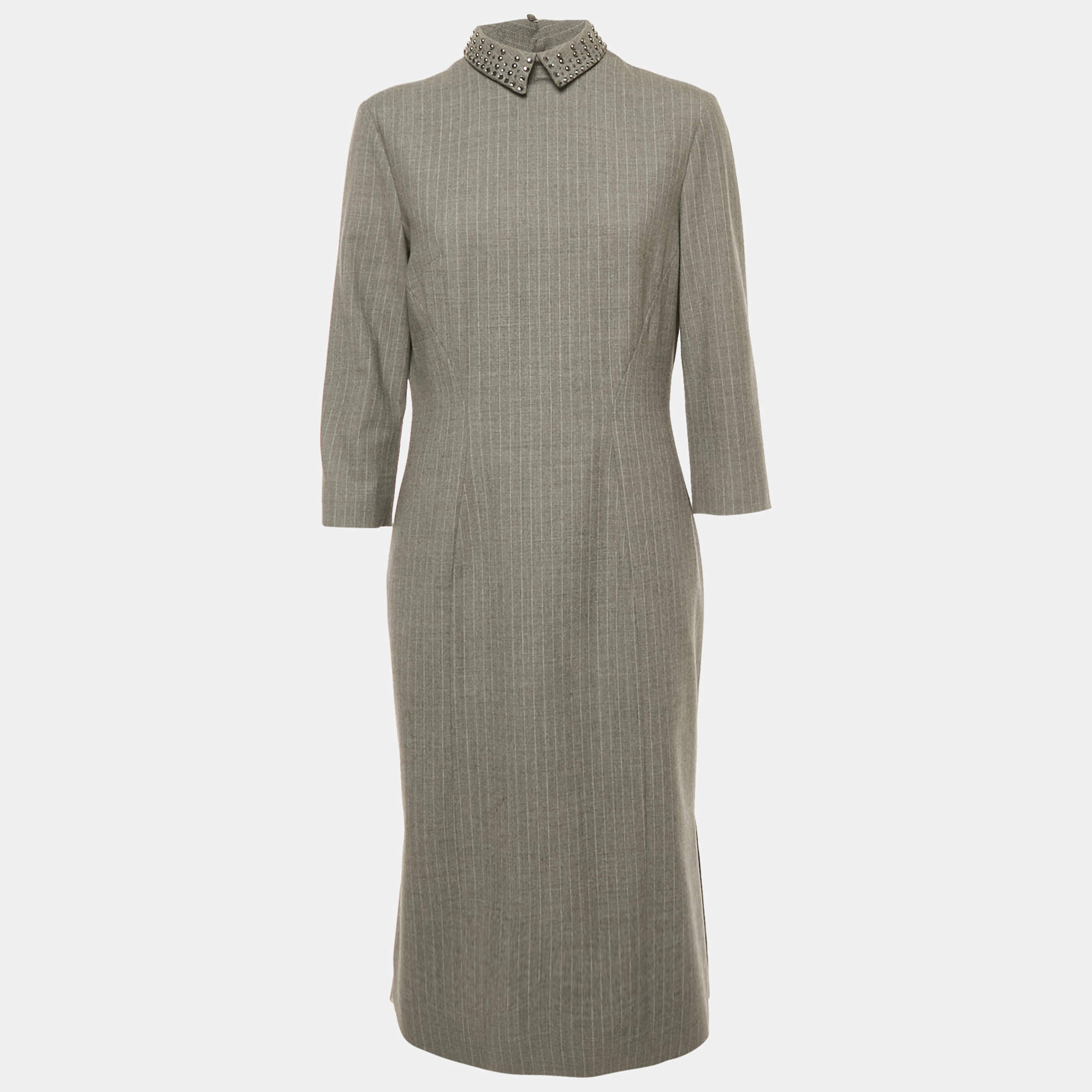 Pre Owned Philosophy di Alberta Ferretti Grey Pinstriped Wool Embellished Collar Midi Dress L