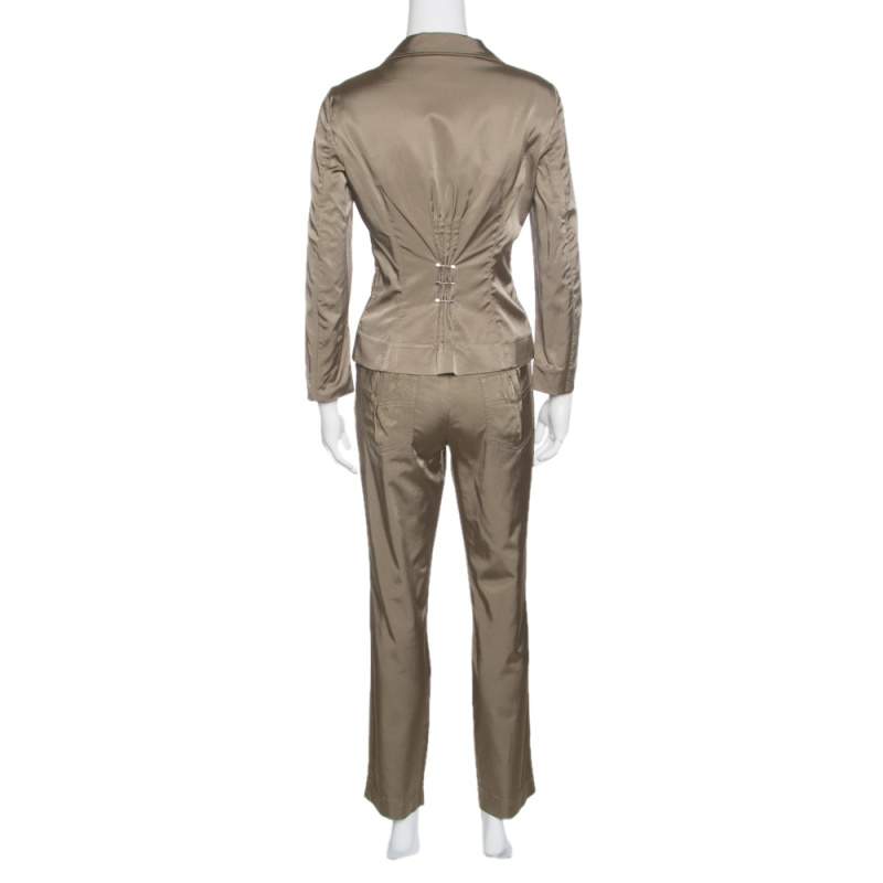 Pre Owned Philosophy di Alberta Ferretti Olive Green Satin Blazer and Trouser Set M