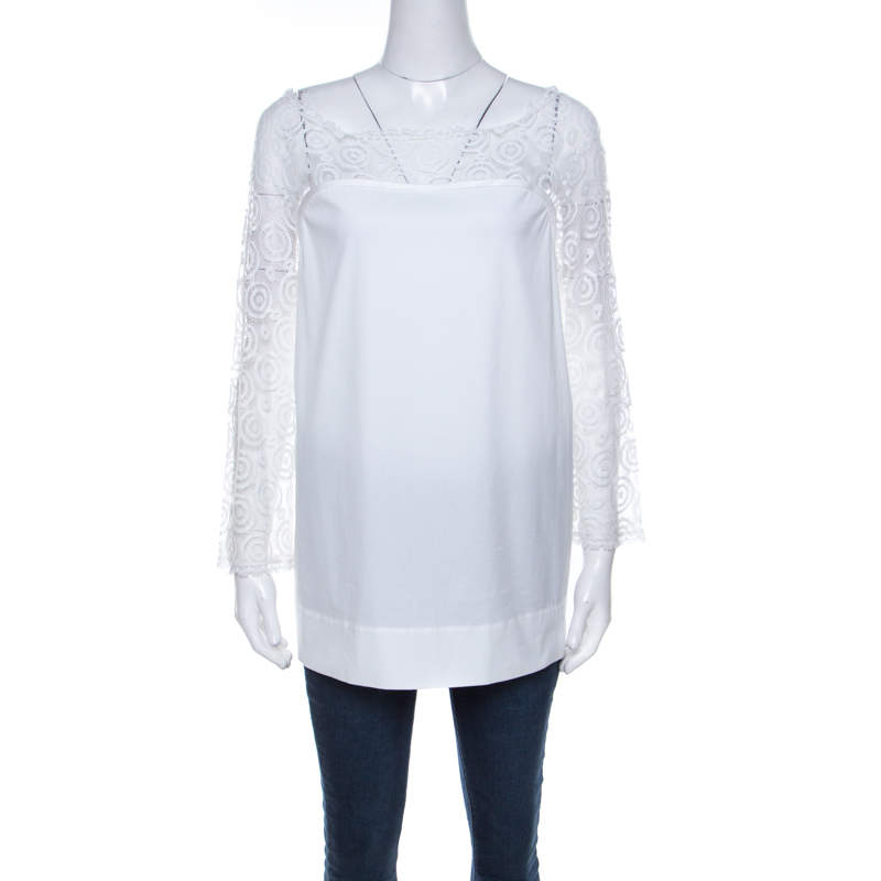 Pre Owned Philosophy di Alberta Ferretti Off White Cotton Lace Detail Top L