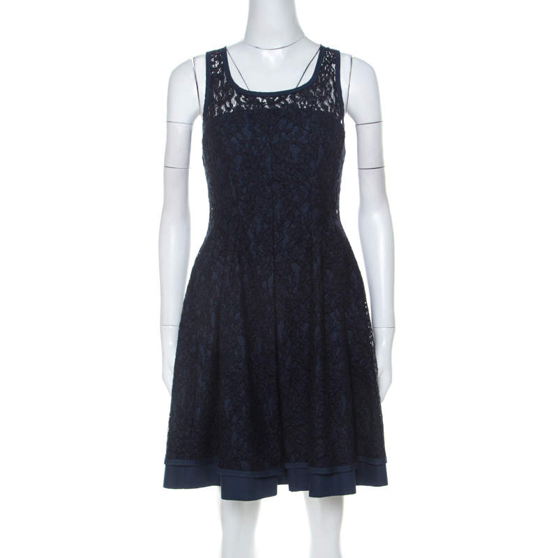 Philosophy di Alberta Ferretti Navy Blue Cotton Blend Sleeveless Lace Dress S