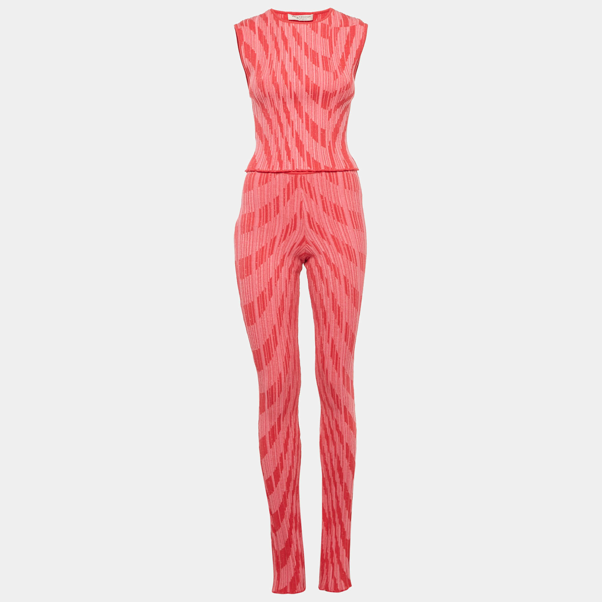 Pre Owned Philosophy Di Lorenzo Serafini Pink Patterned Rib Knit Flared Pants and Top Set M