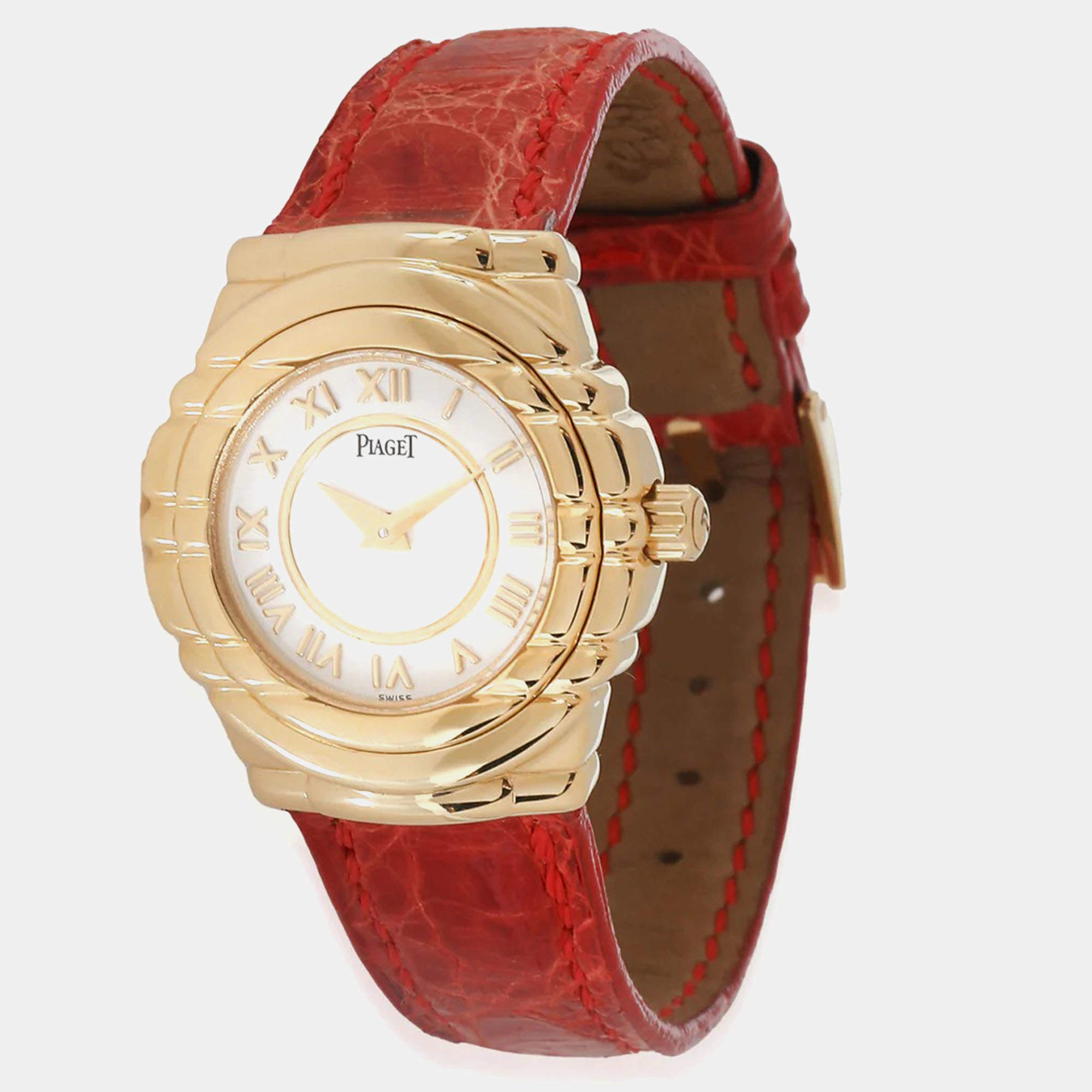 Pre Owned Piaget White 18k Yellow Gold Tanagra 16033 Quartz Women's Wristwatch 24 mm