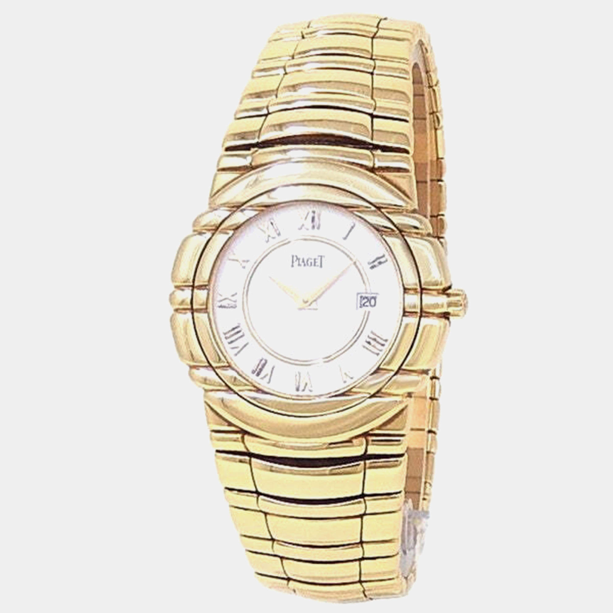 Pre Owned Piaget Tanagra 17041 M 401 D Quartz White Dial 18k Yellow Gold Women's Wristwatch 35 mm