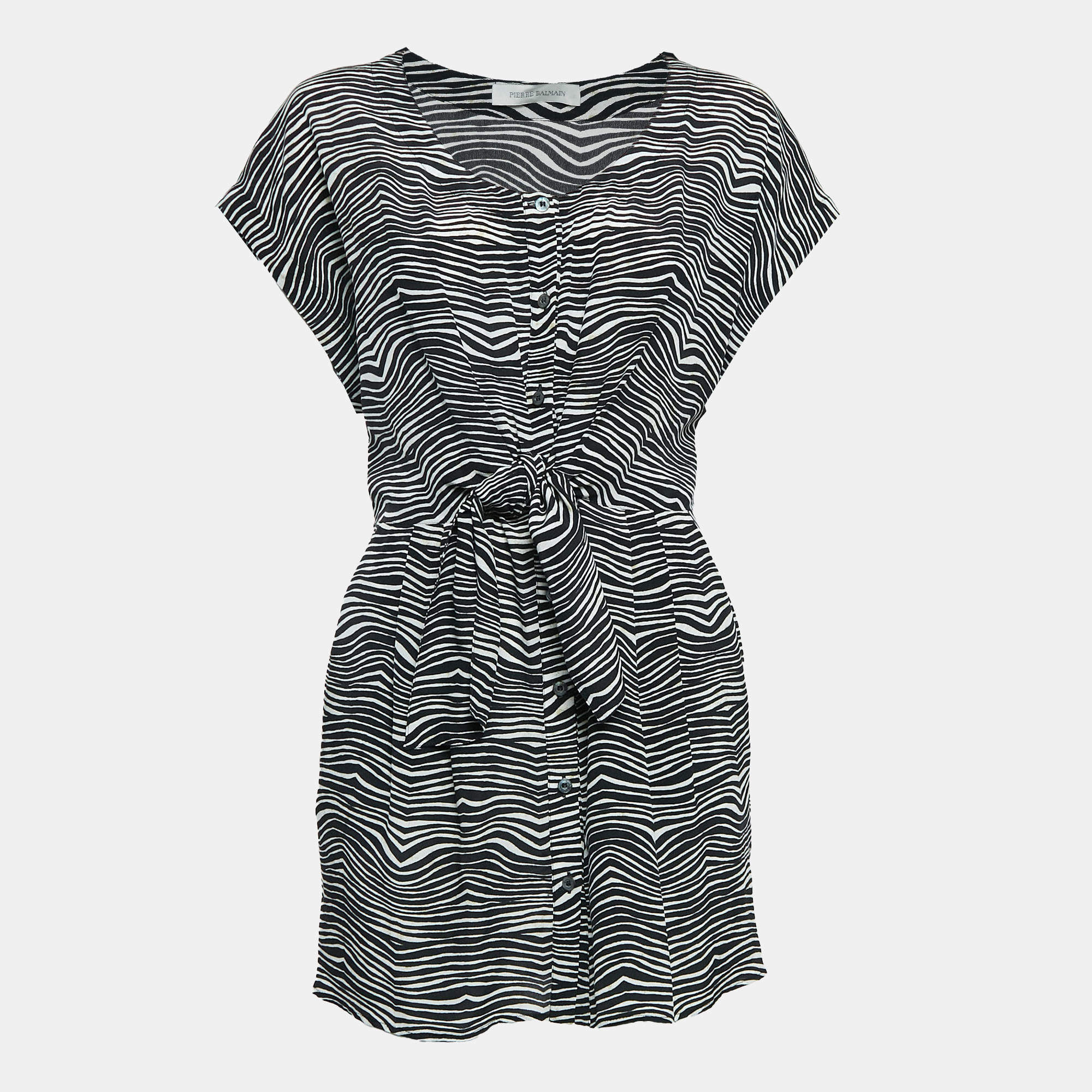 Pre Owned Pierre Balmain Black/White Printed Silk Waist Tie-Up Detail Mini Dress M