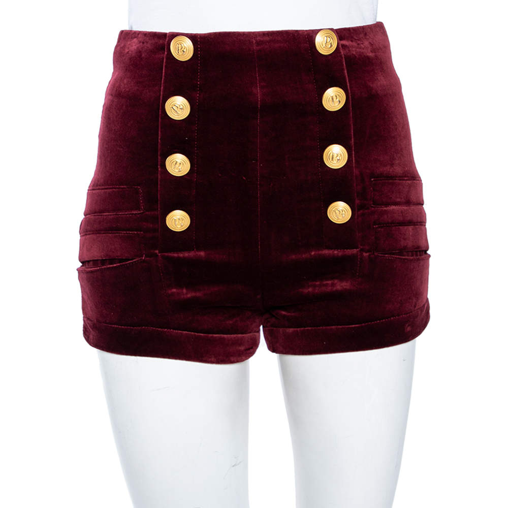 Pierre Balmain Maroon Velvet Button Detail High Waist Short S