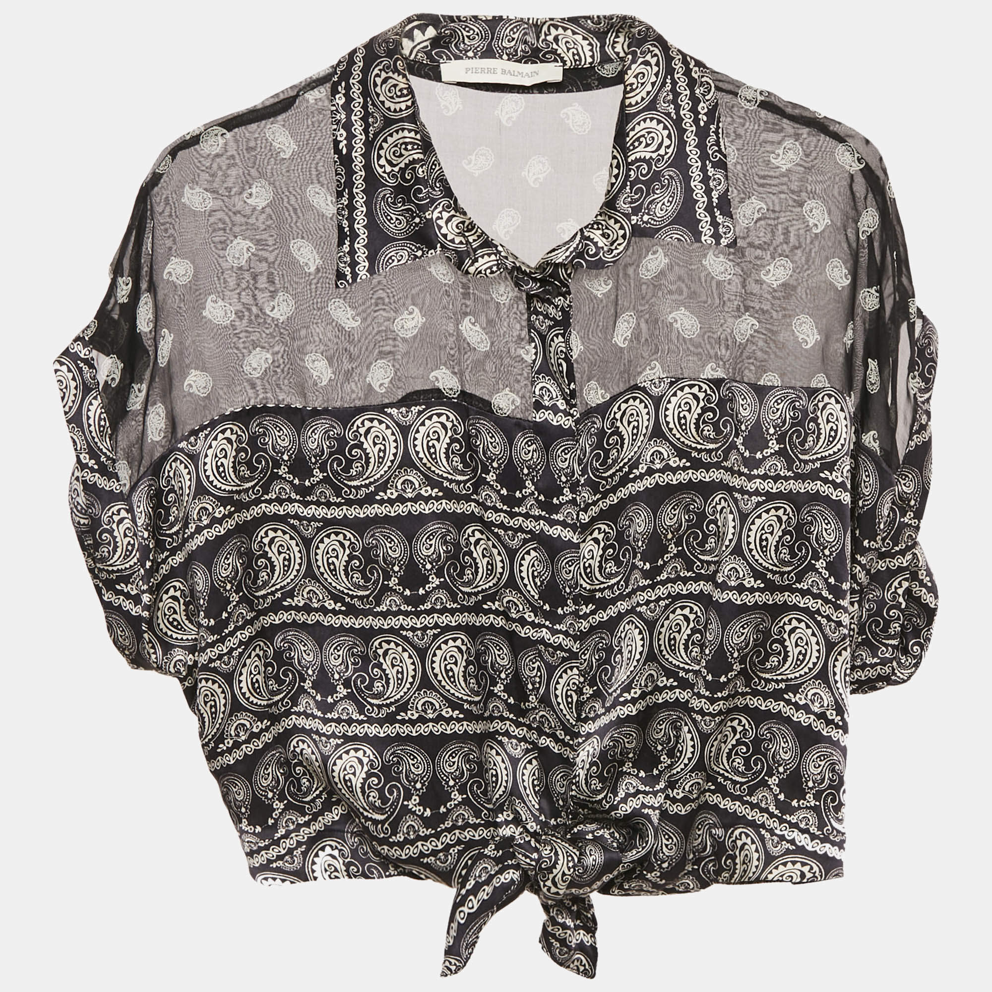 Pierre Balmain Black Paisley Print Silk Tie Knot Crop Top M