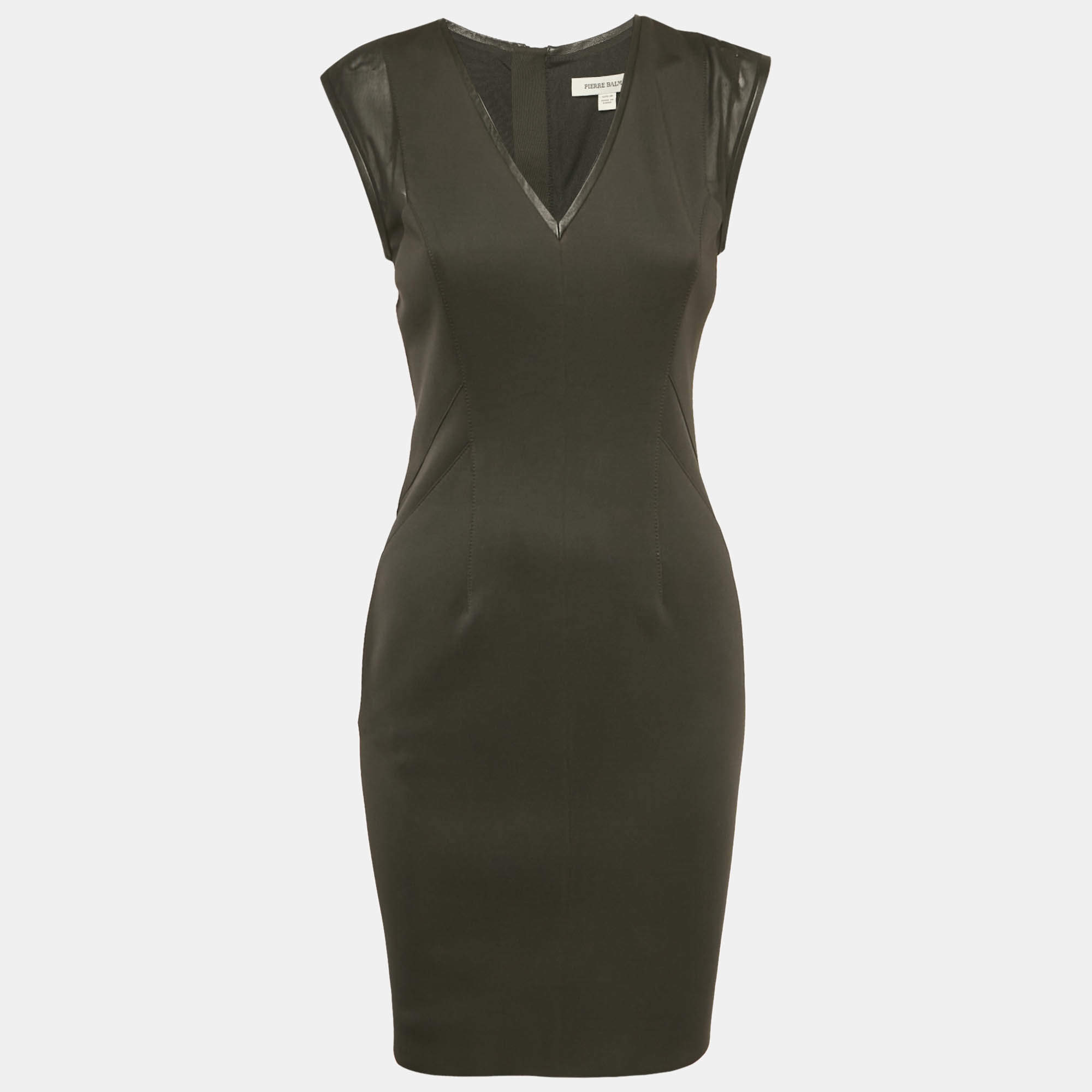 Pre Owned Pierre Balmain Black Jersey and Mesh V-Neck Bodycon Dress M