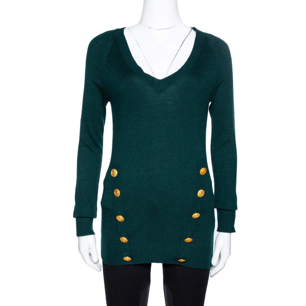 Pierre Balmain Green Cashmere & Wool Blend Button Detail Sweater S