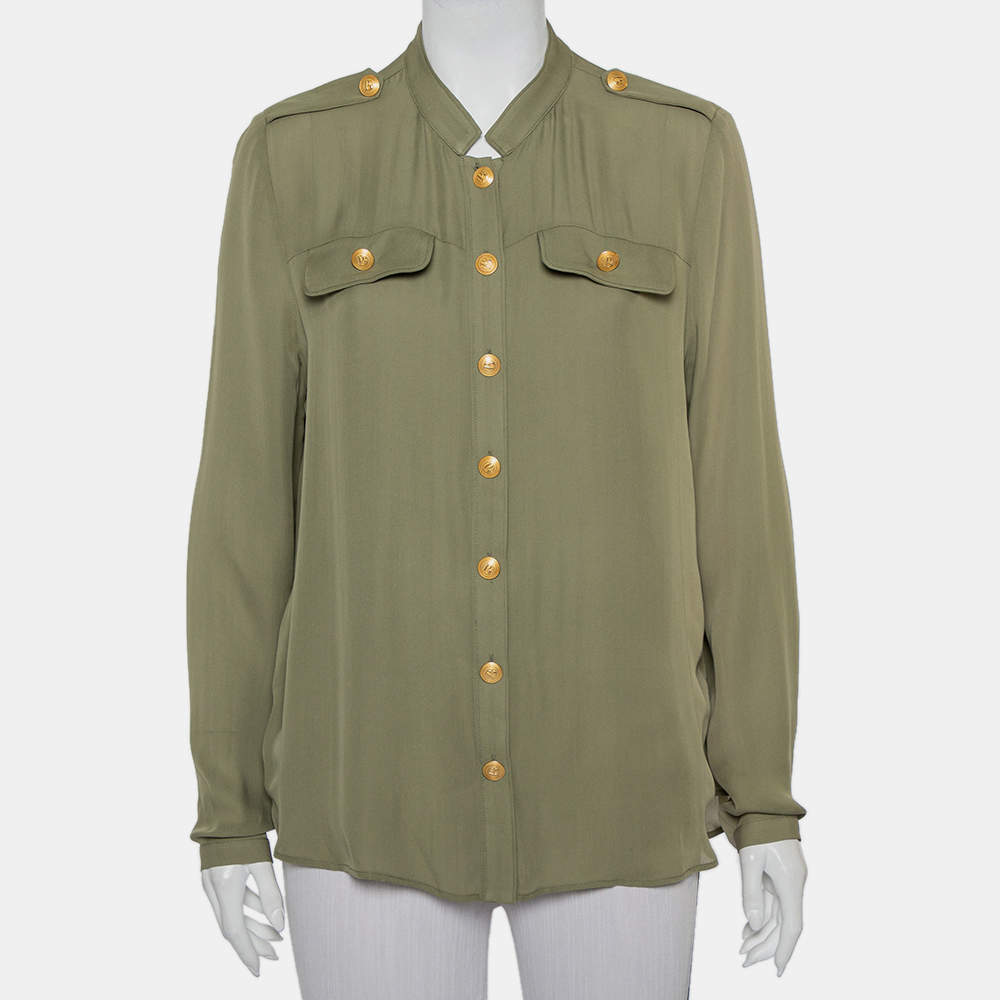 Pierre Balmain Military Green Silk Half Collar Button Front Shirt S 