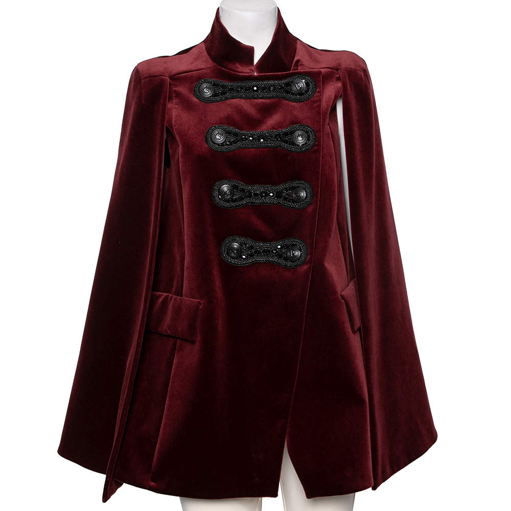 Pierre Balmain Red Velvet Embellished Double Breasted Cape Jacket S